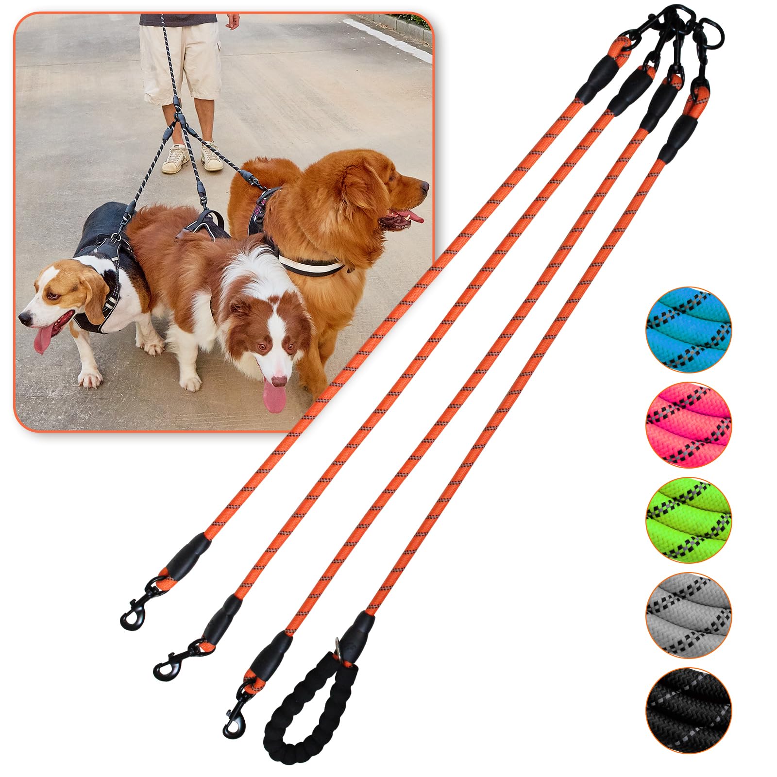 Three-Way No-Tangle Leash for 3 Dogs - Reflective, 360 Swivel for Large, Medium, Small Dogs