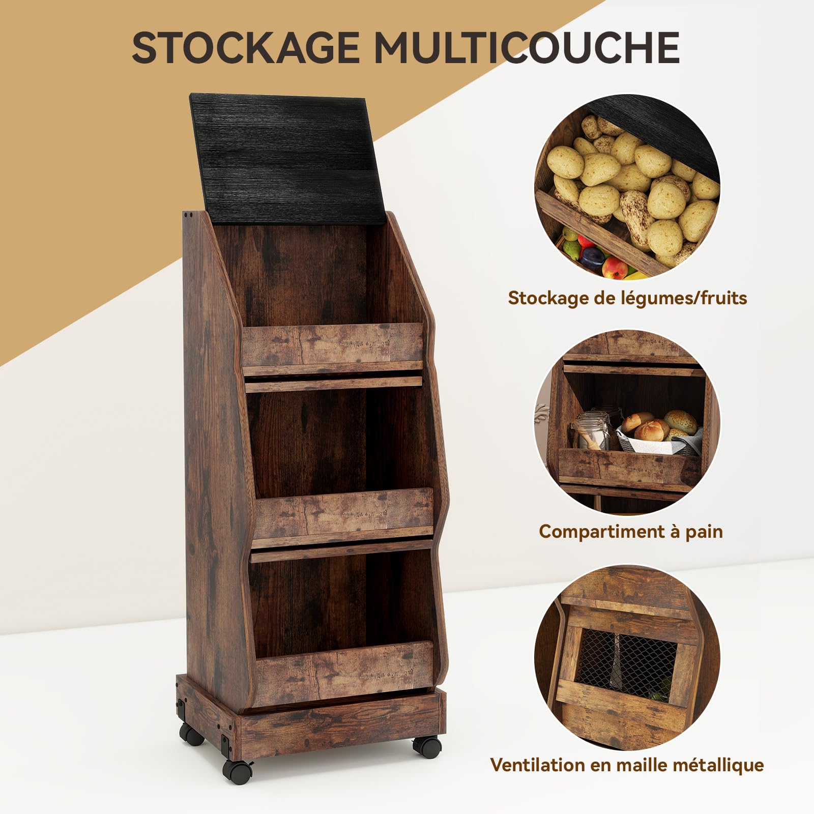 YU YUSING Garde Manger Grillagé Fruits Légumes XXL-3 Étagères avec Roulettes, Rangement Pomme de Terre Cuisine, Boîte à Pain Mobile en Bois avec Couvercle, Chariot Stockage, Fromage, Marron Rustique