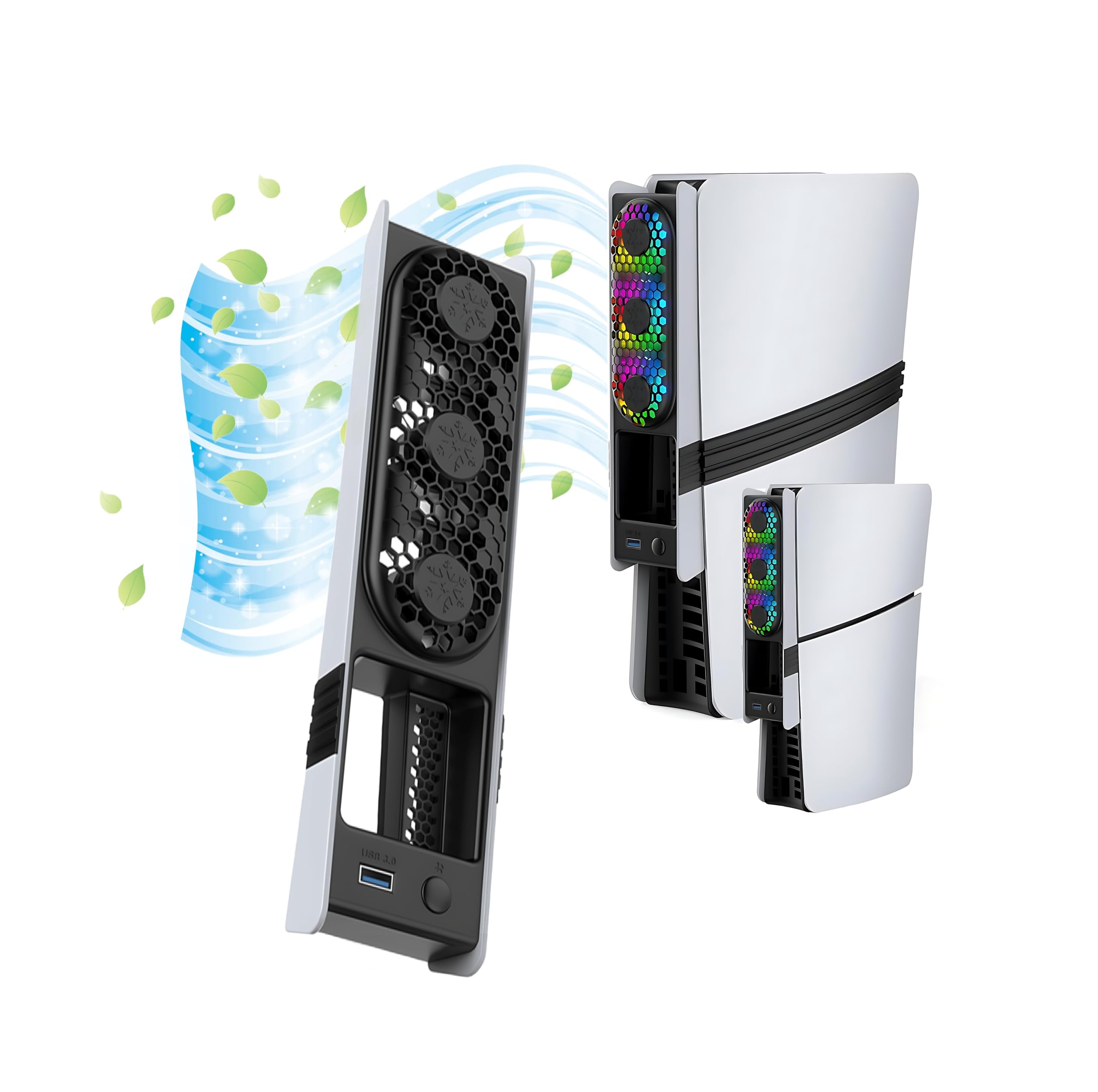 RGB Cooling Fan for PS5 Pro/PS5 Slim (Disc & Digital) – Ultra-Quiet Adjustable 3-Speed Cooling System with USB 3.0 Port & Dynamic RGB Lighting (Black)