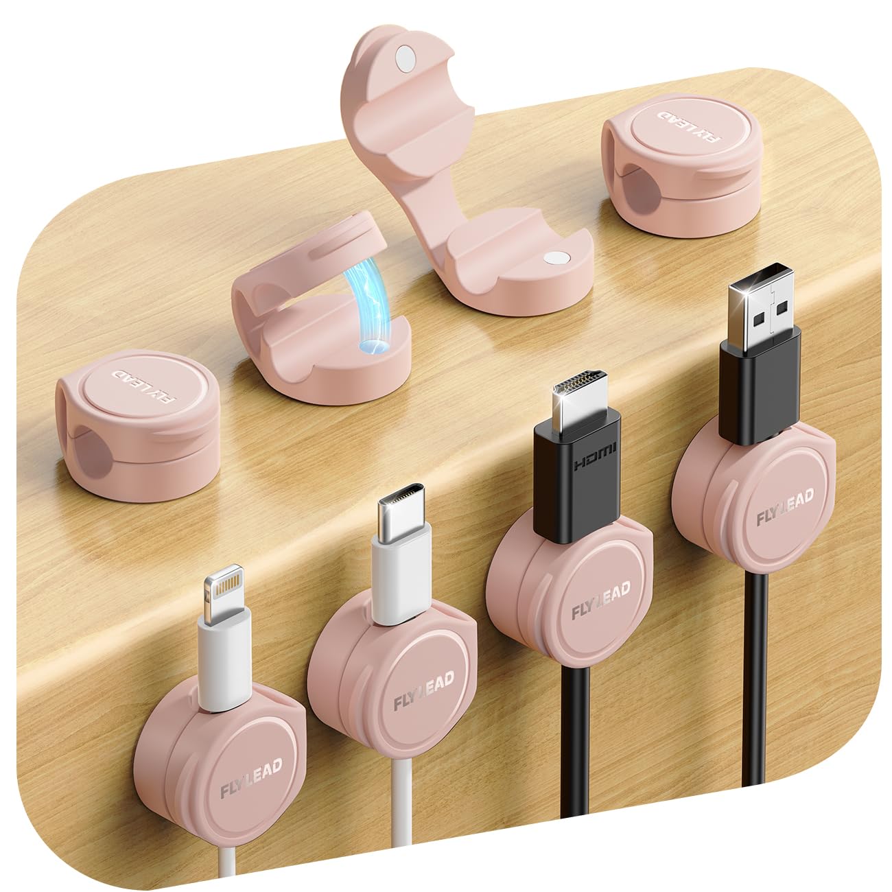 FLYLEAD 8 Stück Silikon Kabelhalter Magnetische Kabelclips Selbstklebende Kabelmanagement Schreibtisch Organizer für Nachttisch, Ladekabel, HDMI, USB, Audiokabel, Rosa