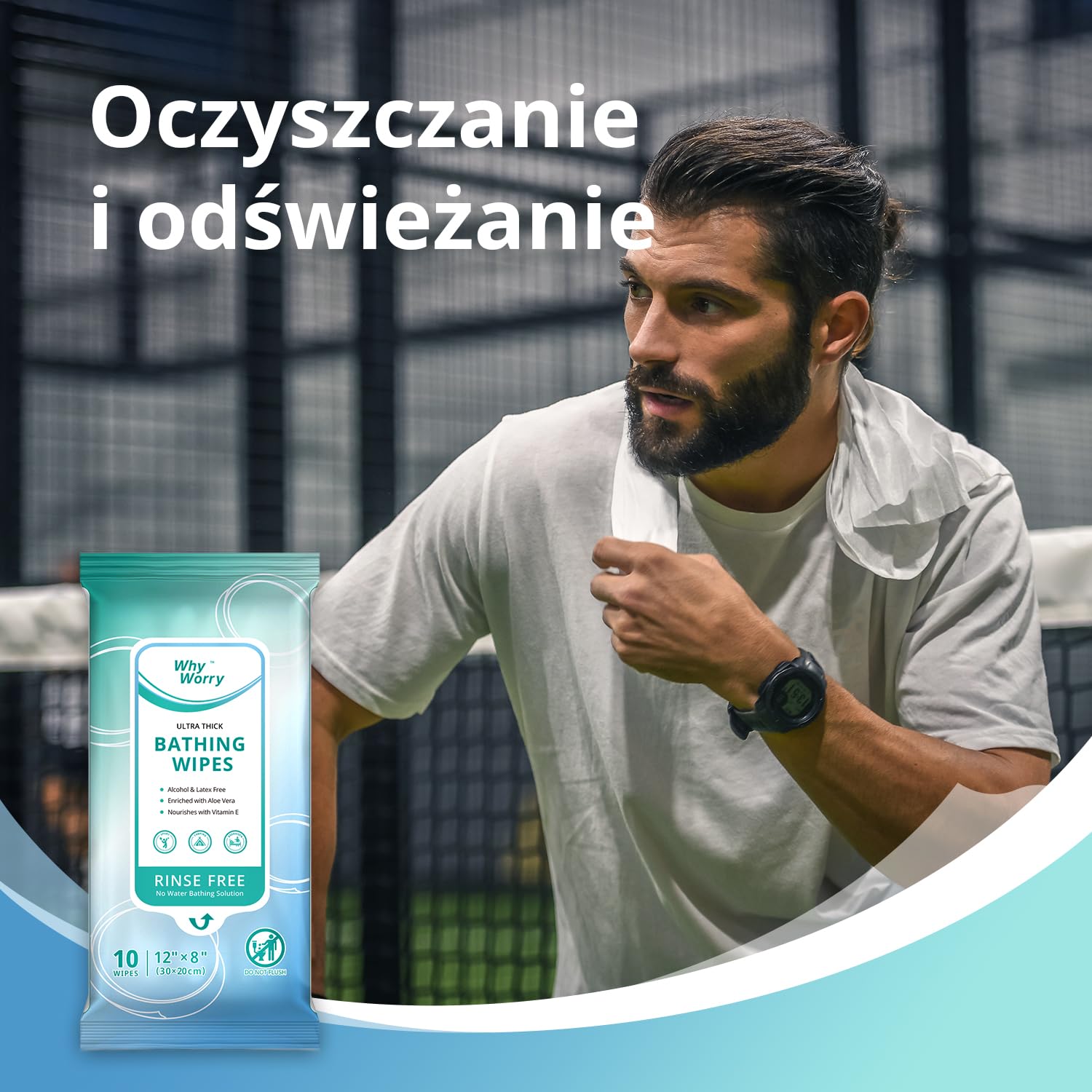 WhyWorry Chusteczki Nawilżane do Ciała dla Dorosłych, Bardzo Duże 20 x 30 cm Chusteczki do Bezwodnego Mycia Ciała, Bardzo Grube, z Aloesem, Świeży zapach, 50 Sztuk