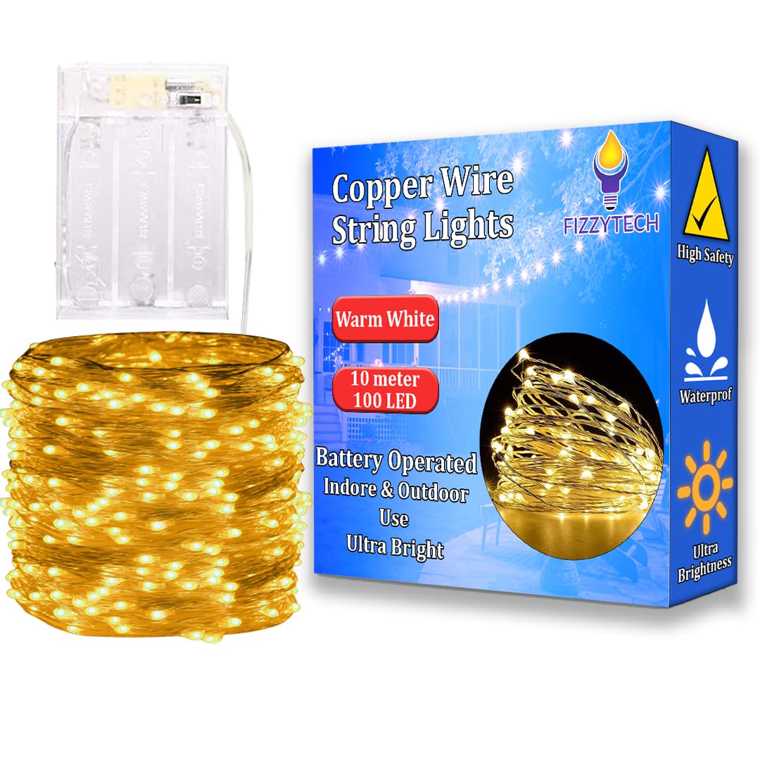 fizzytech 10 Meter 100 LEDs Fairy String Lights Battery Powered Copper Wire Lights of Home Decoration, Diwali Lighting Festival Rice Ferry Light Warm White (B08NZVDL63) Amazon Price History, Amazon Price Tracker