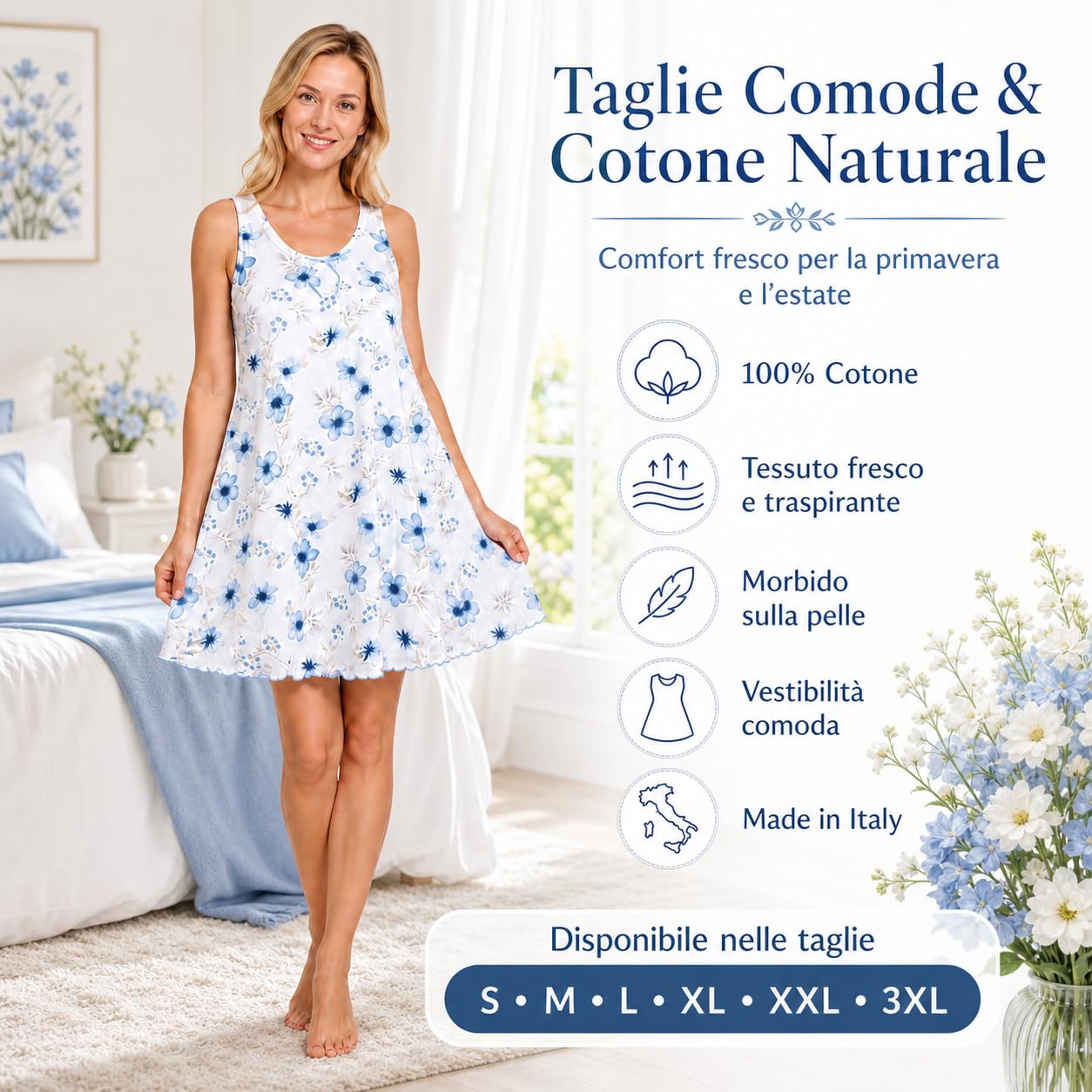 Leedya Camicia da Notte Donna Primaverile/Estiva 100% Cotone Made in Italy – Spalla Larga, Fresca e Traspirante, vestibilità Comoda