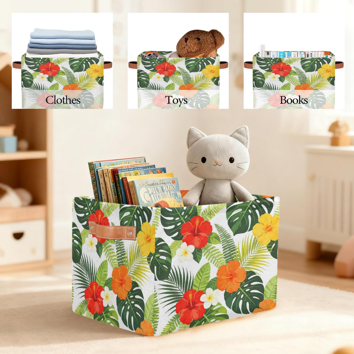 Bunter Hibiskuspalmenblätter, rechteckiger Aufbewahrungskorb mit Ledergriffen, faltbarer Stoff-Aufbewahrungskorb für Schrank, Badezimmer, Wohnzimmer, Büro, Spielzeug, Organizer, Wäschekorb, 2