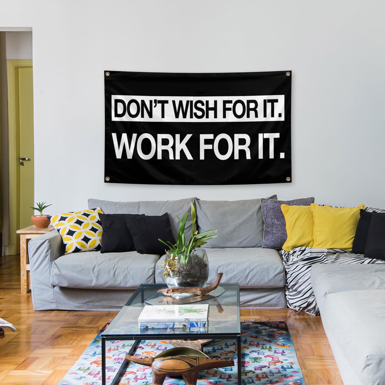 Grind Hustle - Banderas de ejecución de 3 x 5 pies con 4 arandelas de latón Don't Wish For It, bandera de trabajo para dormitorio universitario, estudio, cueva, gimnasio, oficina, dormitorio,