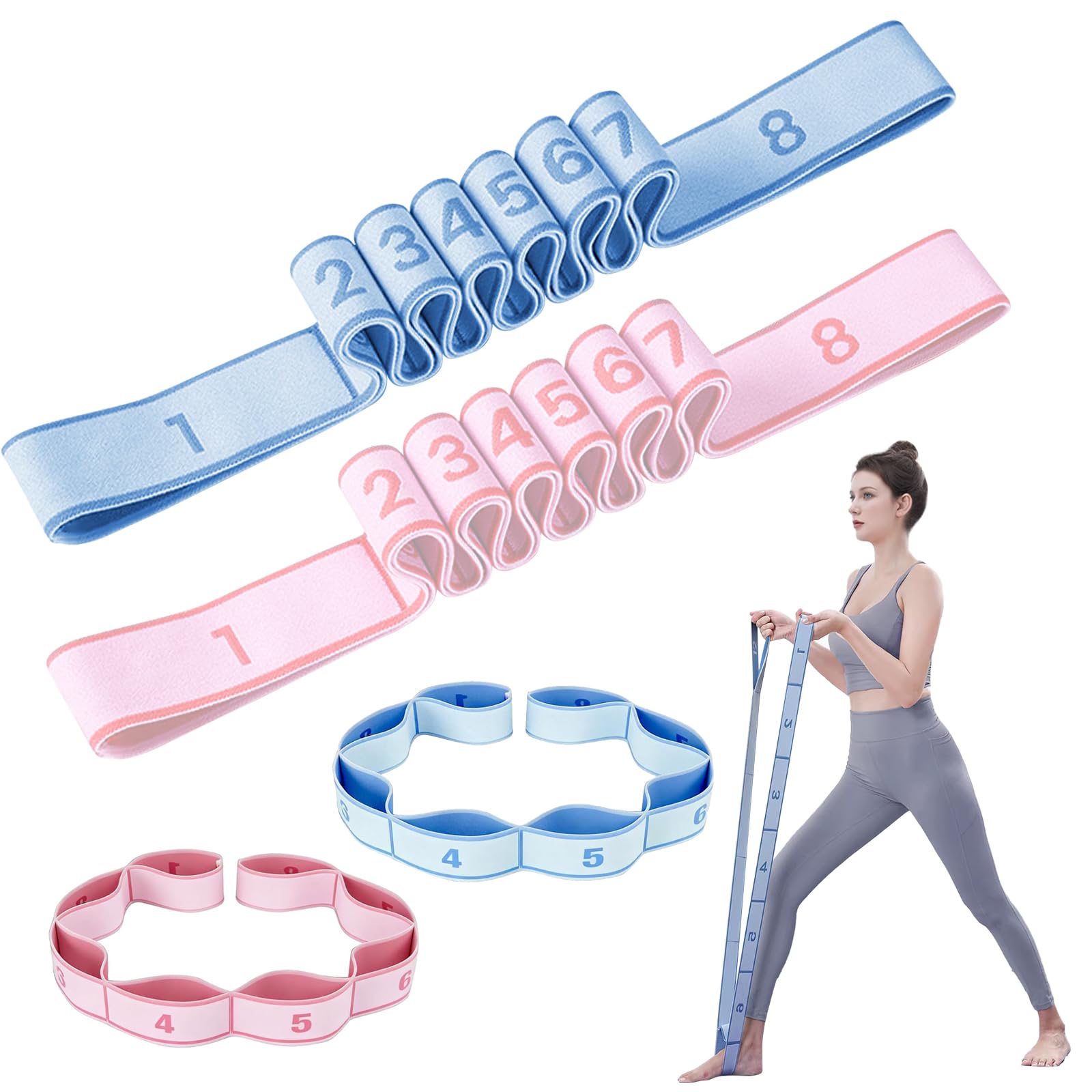 Yxelydriail 2 Pcs Fitness Resistance Bands,Elastic Yoga Straps for Stretching Equipment with 8 Loops, Stretch Bands for Exercise Pilates, Gymnastics Training, Fitness Resistance (Blue+Pink)