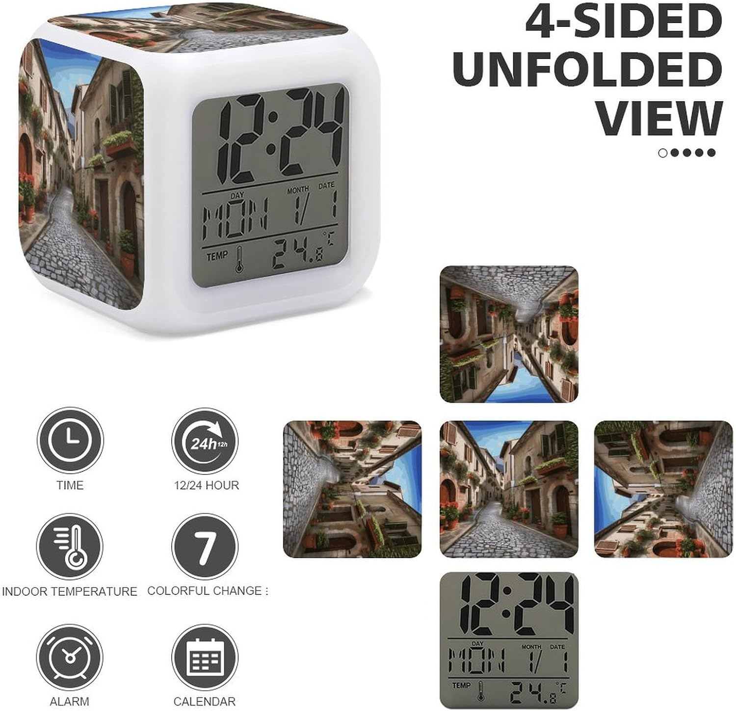 Italian Town Street Alarm Clock Night Light Alarms for Bedroom Smart Digital Alarm Clock LED Display Clocks with 7 Colorful Ambient Lights Sleep Timer for Heavy Sleepers Simple Operation image 4