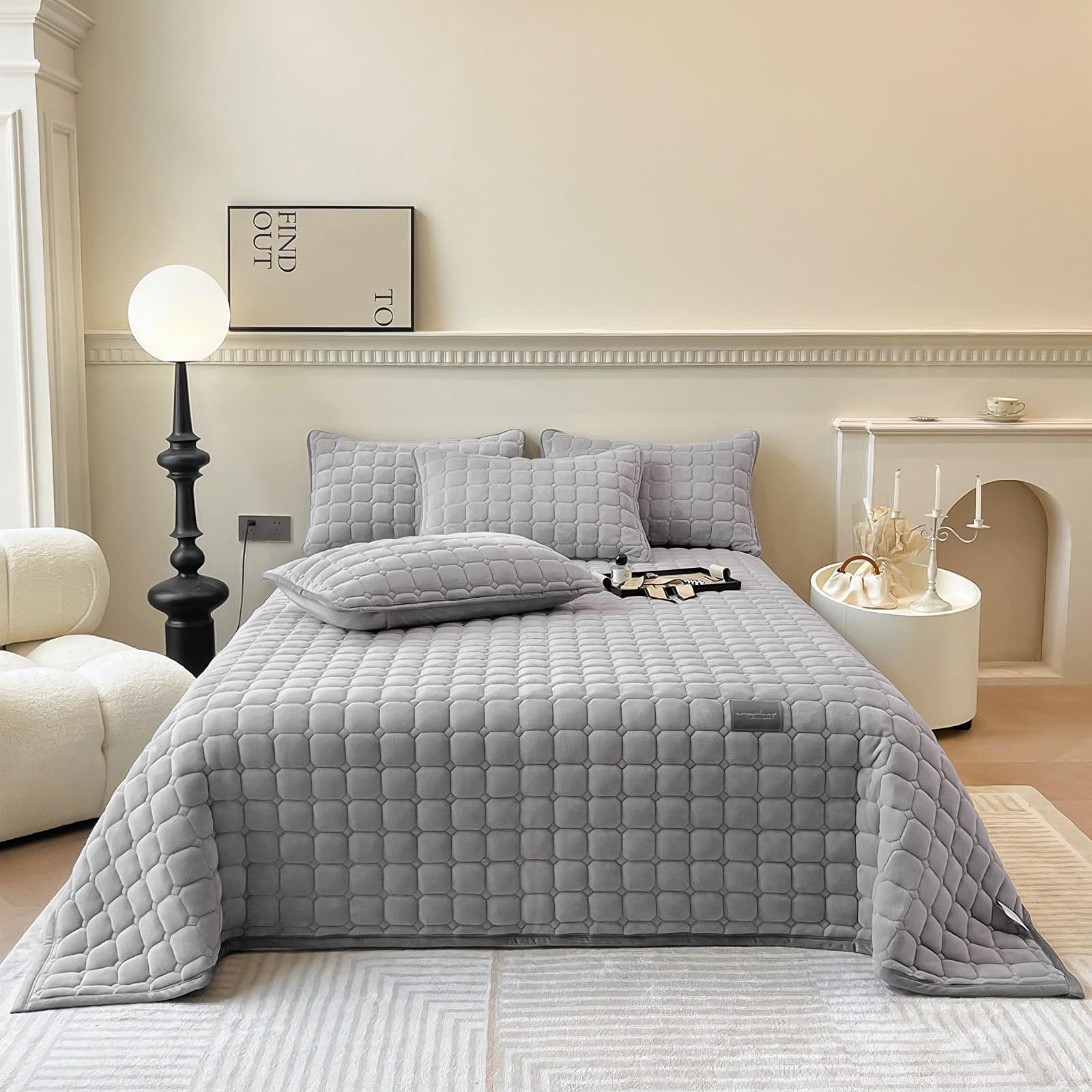 Extra Grande Edredón Cubrecama: Cubierta Versátil de Estilo Acolchado de Terciopelo de Leche 3 piezas 230 X 250 Cm con 2 Fundas de Almohada 50 X 70 Cm, para Dormitorio o Sala de Estar (Gris Claro)