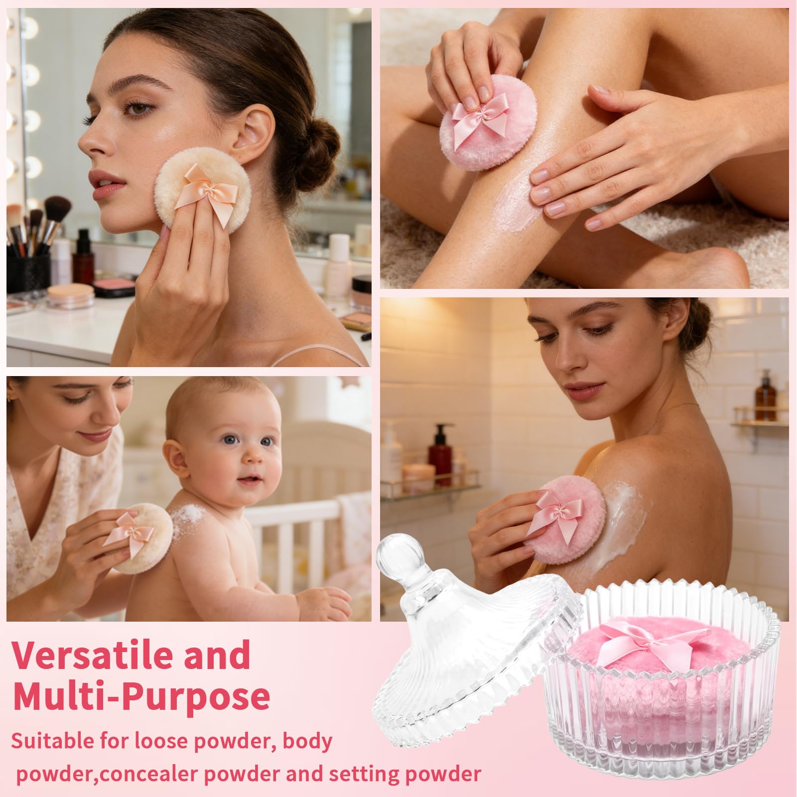 Puderdose con piumino set in vetro piumino per cipria corpo grande contenitore cipria con 2 piumini e cucchiaio morbido e soffice per donne rosa beige