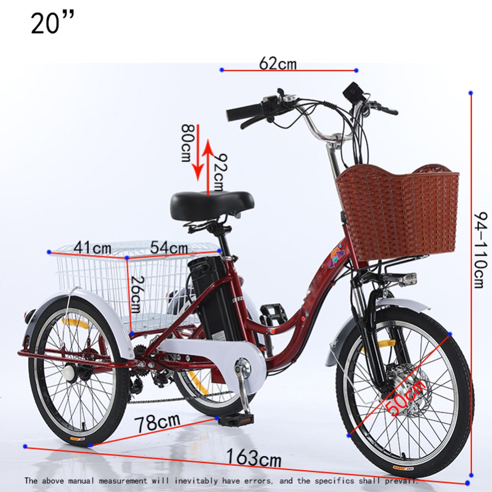 Bicicletta elettrica a 3 Ruote per Adulti Sedile Multifunzionale Posteriore Cestino Carico Altezza Regolabile di Carico 150 kg Altezza Regolabile per Le commissioni B