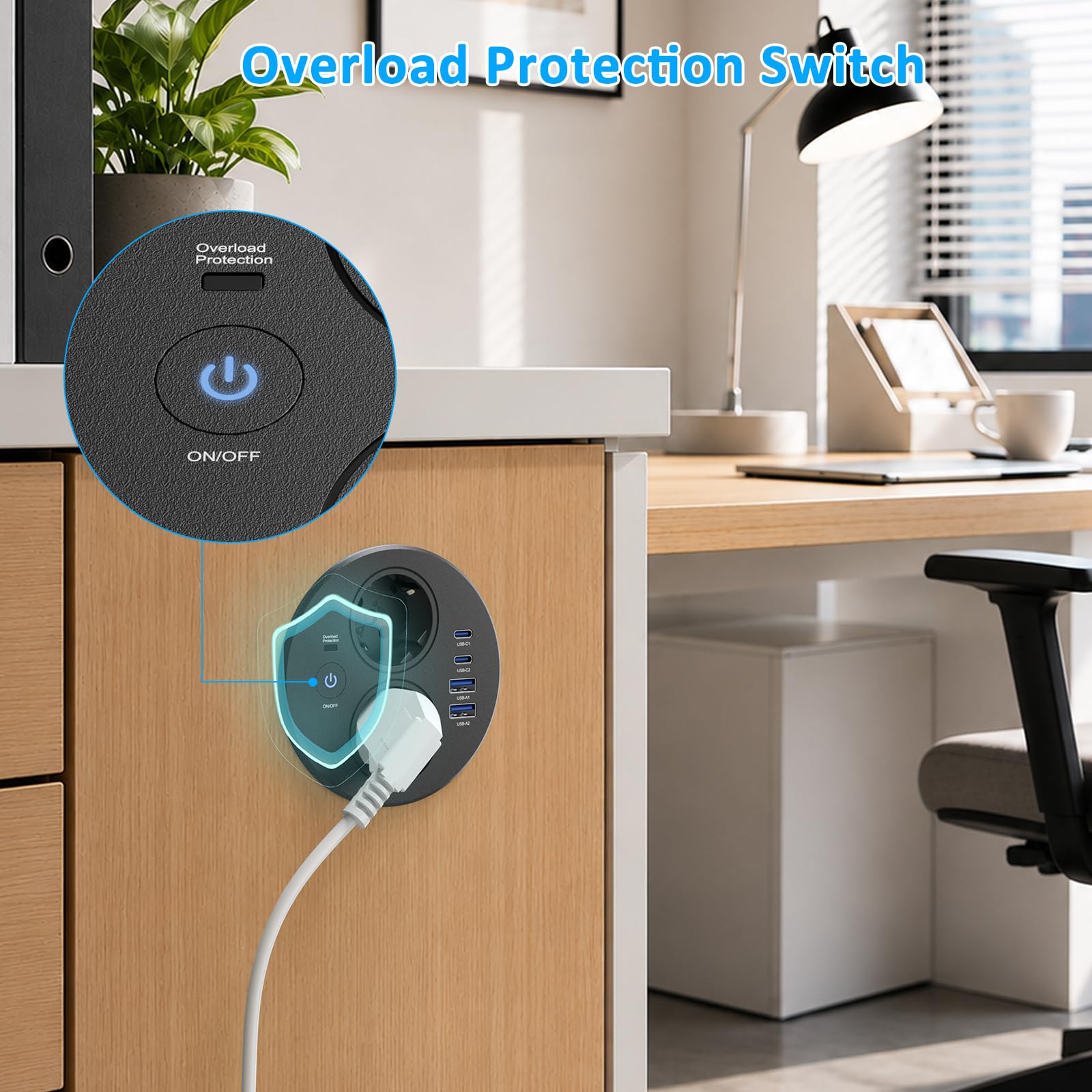 Alpheus Einbausteckdose mit Schalter, 2 Schuko, USB-C PD 20W, Ø100 mm | Einbau Steckdosenleiste, Tischsteckdose mit 4 USB, Arbeitsplatte Schreibtisch, Schwarz, 1,8 m Kabel