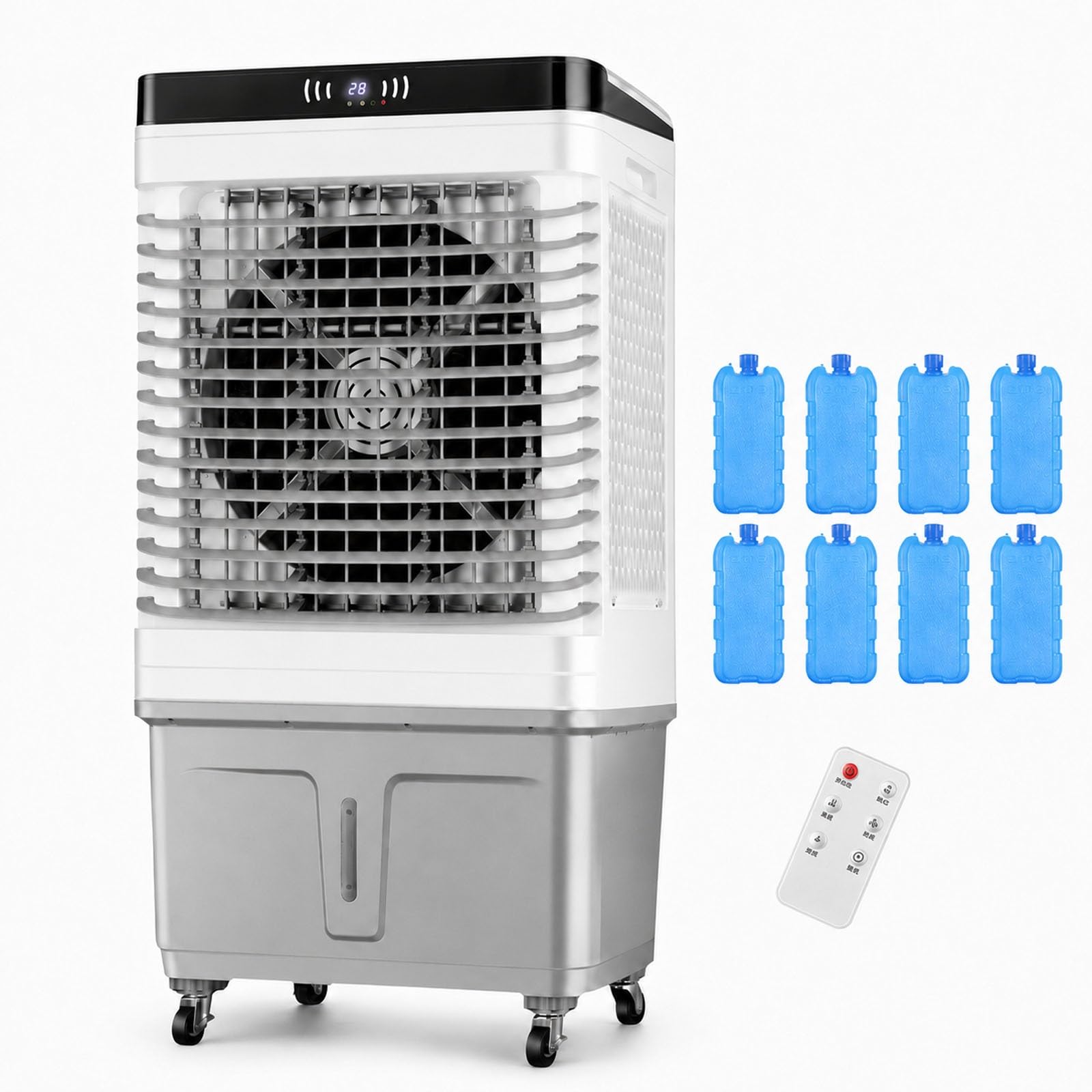 Climatizador Evaporativo Grande, 7000 m³/h con Depósito de 60 L, 8 Acumuladores de Frío, Oscilación 120°, 3 Velocidades, Mando a Distancia, Temporizador 7 h para Garaje, Patio, Hogar