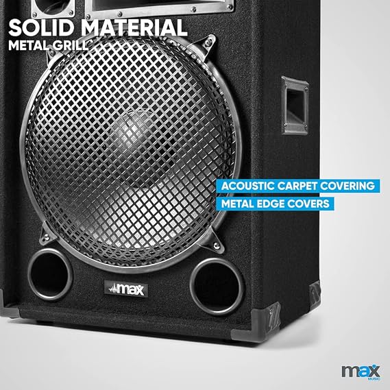 MAX15 Passive DJ PA Speaker 15 Inch 1000W with Woofer, Bullet Tweeter & Midrange Horn – Acoustic Carpet Finish Speakerbox for DJs, Parties, Events & Karaoke - 8 Ohm, SPL 99dB, Pole Mount