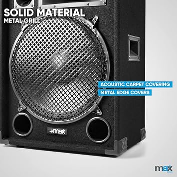 MAX15 Passive DJ PA Speaker 15 Inch 1000W with Woofer, Bullet Tweeter & Midrange Horn – Acoustic Carpet Finish Speakerbox for DJs, Parties, Events & Karaoke - 8 Ohm, SPL 99dB, Pole Mount