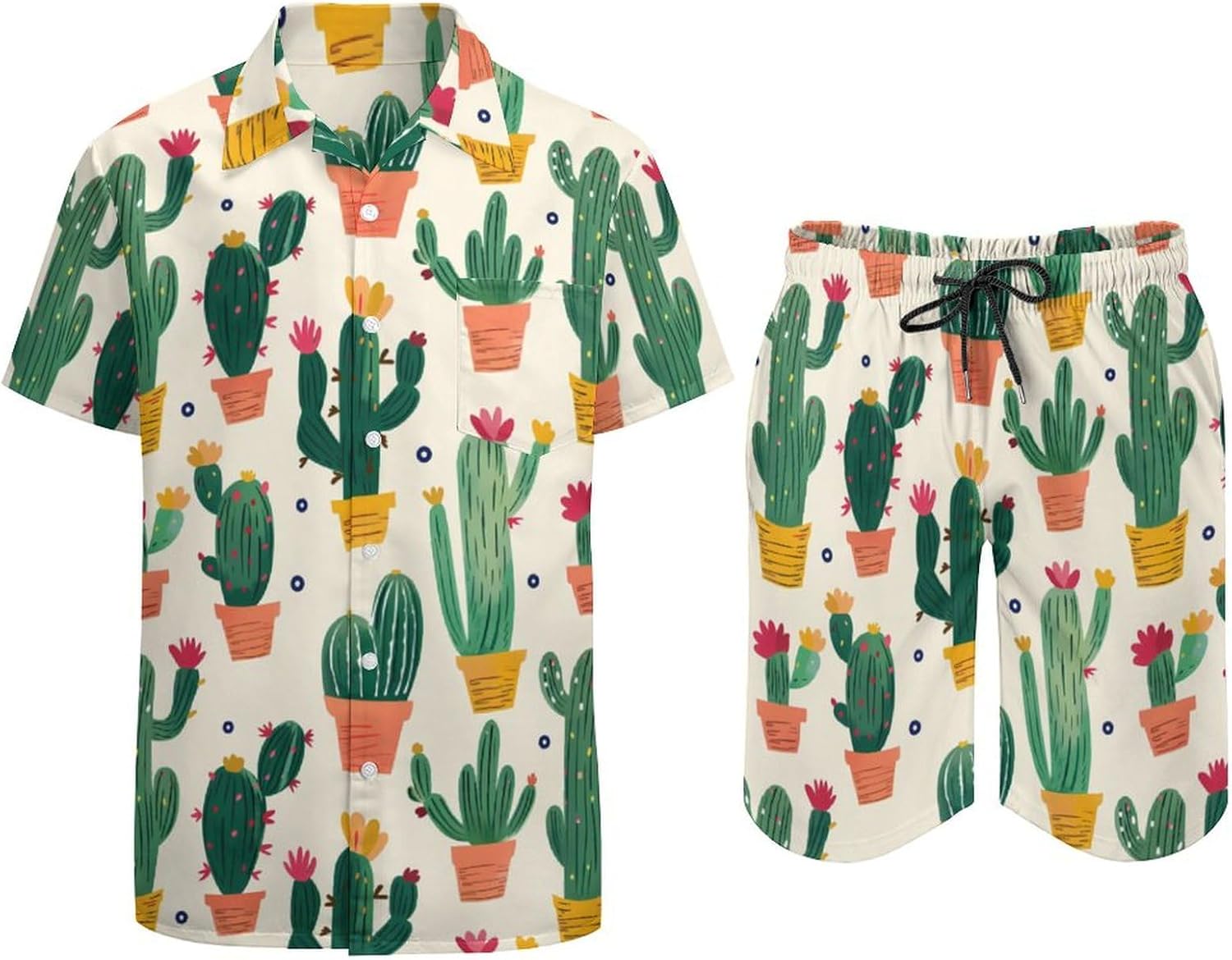 Cute Cactus Plants Men's Summer Beach Outfits Shirt And Shorts Set 2 Piece Vacation Swimwear