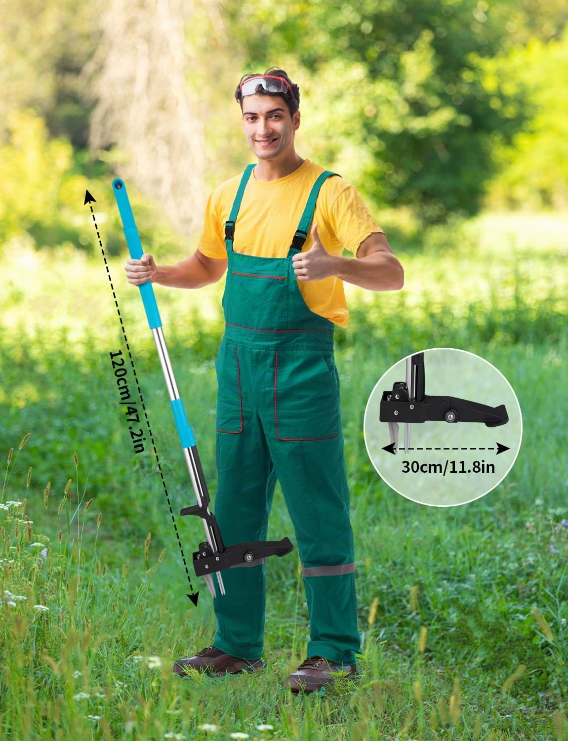 YISSVIC Désherbeur Manuel Arrache Mauvaise Herbe avec Pédale 4 Griffes Acier Inoxydable Long Manche Outil de Désherbage Solide pour Jardin Bleu