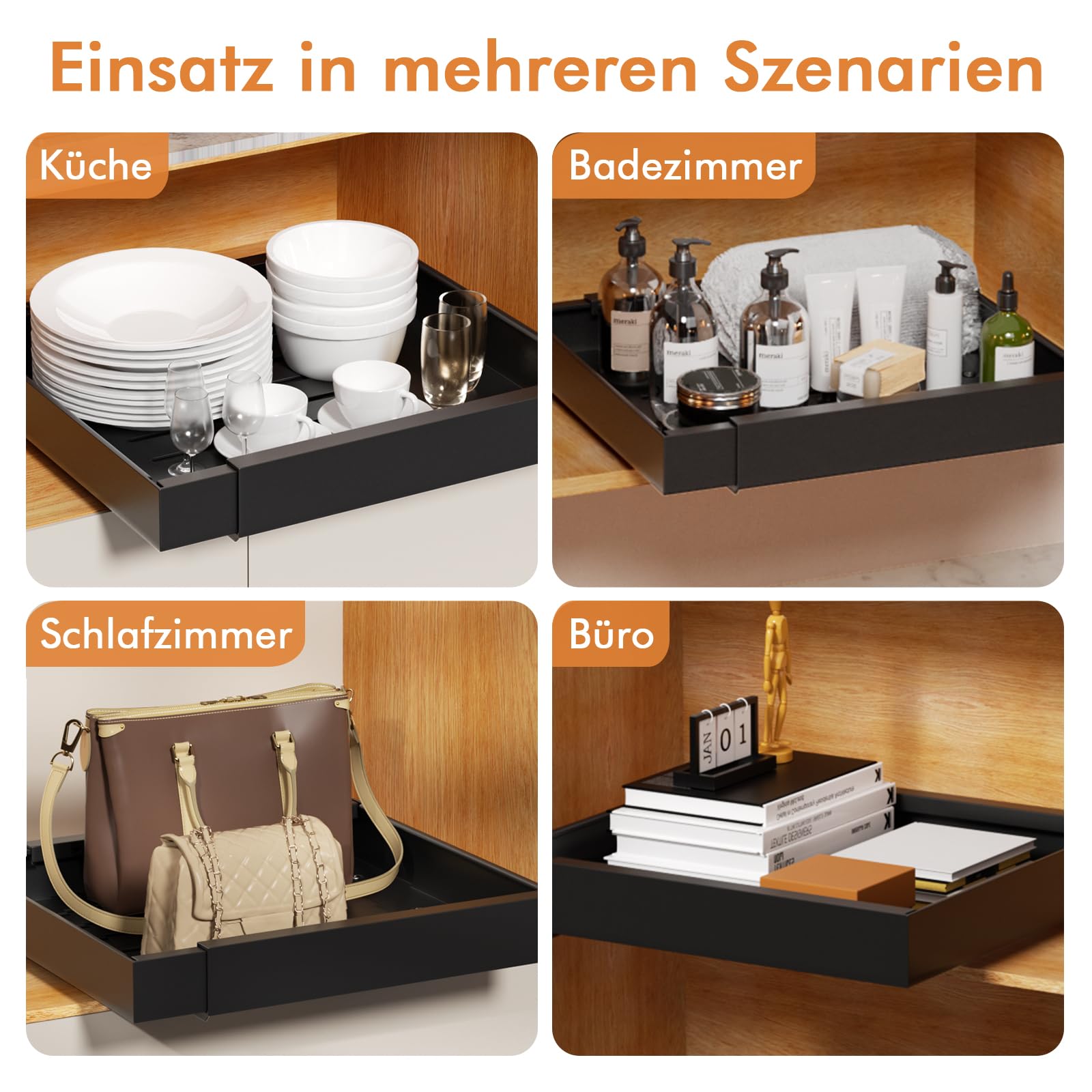 Jayencer Teleskopschublade, Aufklebbare Schublade, Verstellbare Breite Ausziehbarer Schrank Organizer(31-52cm L x 42 cm T x 6 cm H), Schubladen für Küchenschrank Schrank (Schwarz-2 Stück)