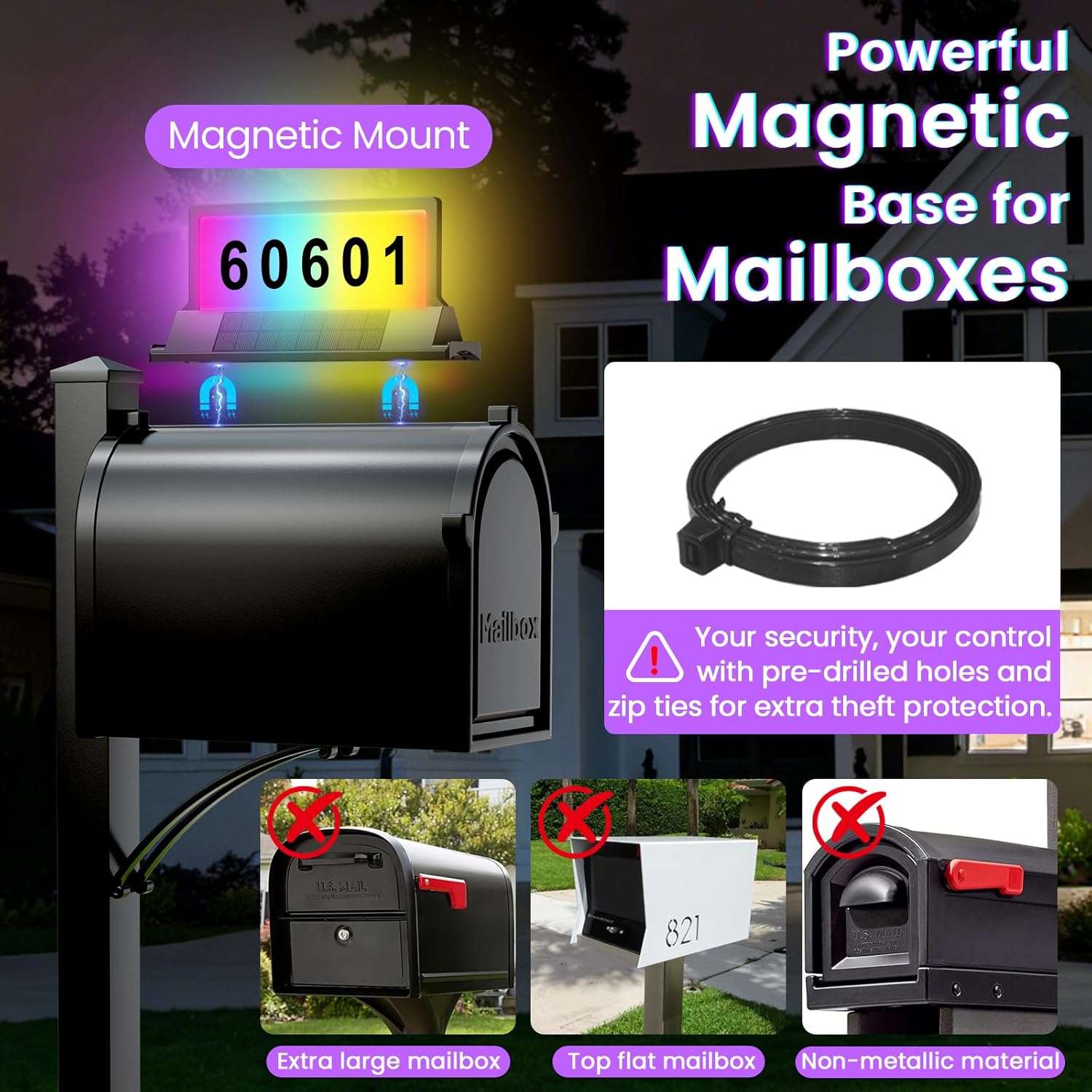 Solar Address Sign for Mailbox – RGBW Lighted House Numbers with Magnetic Mount, No-Drill, 8-Color Light Modes, IP65 Waterproof Solar Powered Plaque, Outdoor Mailbox Topper