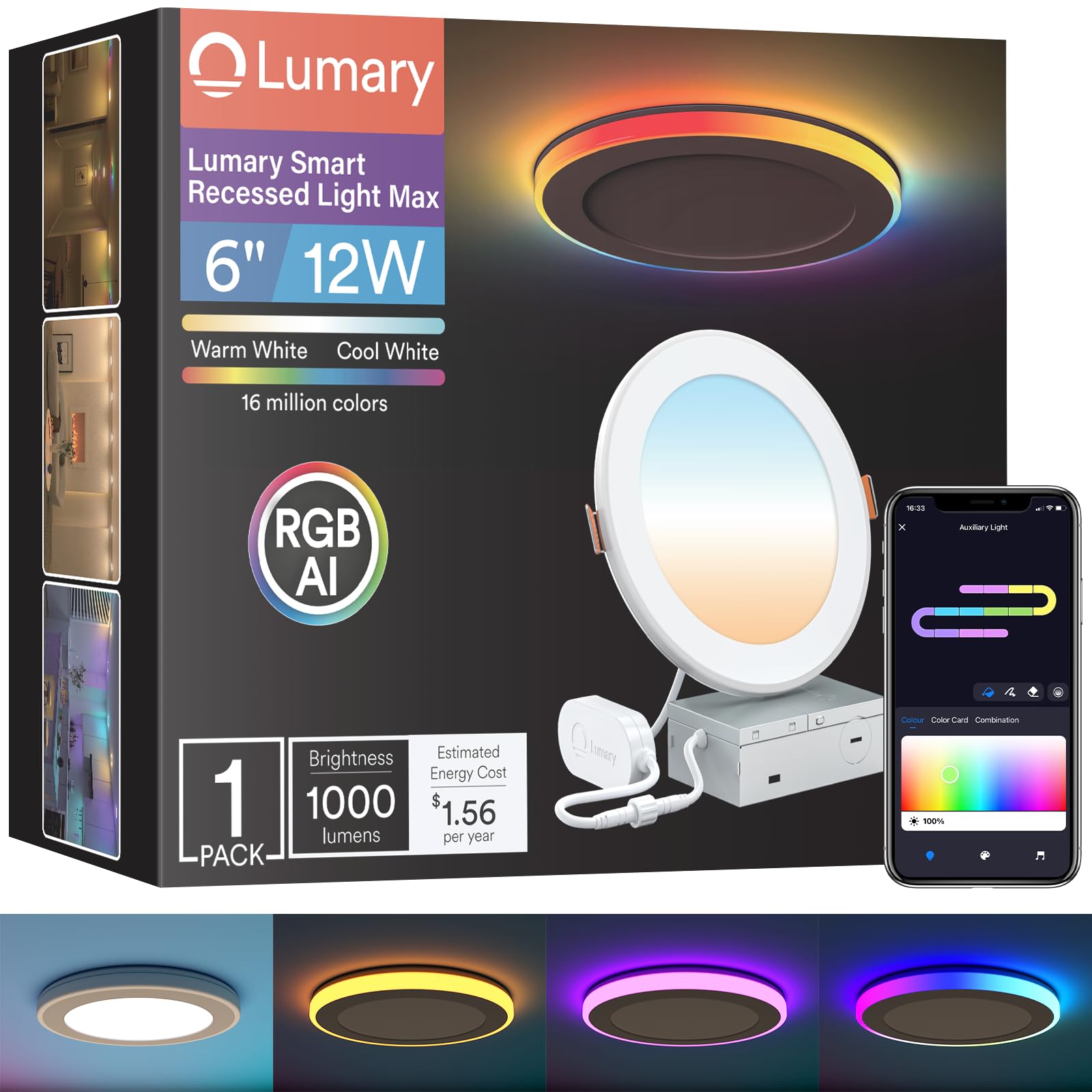 Lumary 6 Inch Smart Recessed Lighting with RGBAI Gradient &amp; Night Ring, 12W