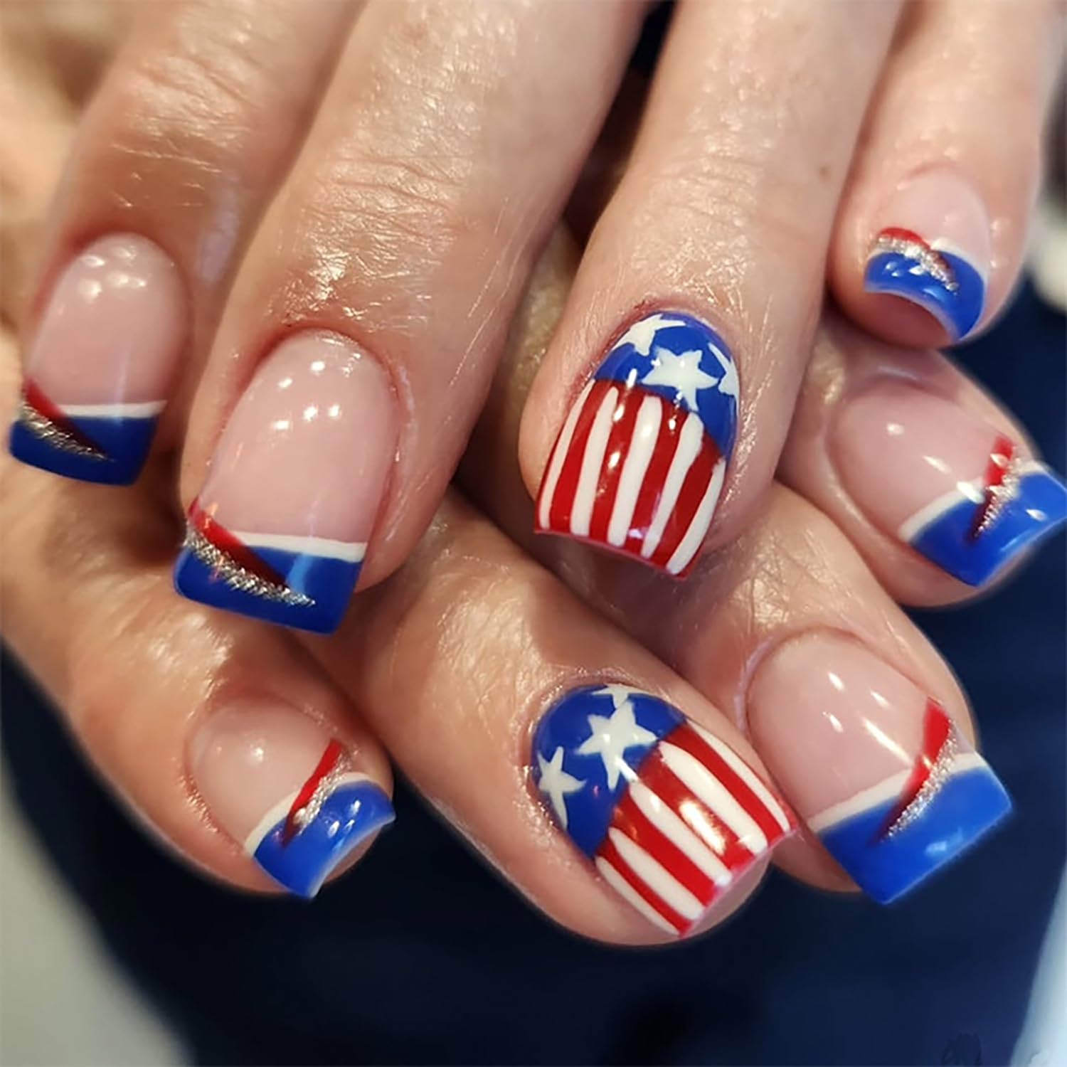 24Pcs Blue French Tip Press on Nails Short Square Fake Nails Red White Blue with Star Designs Full Cover 4th of July Press Ons Stick on Nails