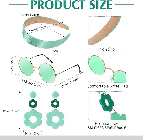 Miniatura 2 de SATINIOR 4 Pcs 60s 70s Women's Hippie Costume Retro Disco Outfit Groovy Earring Headband Dress Sunglasses for Halloween Party