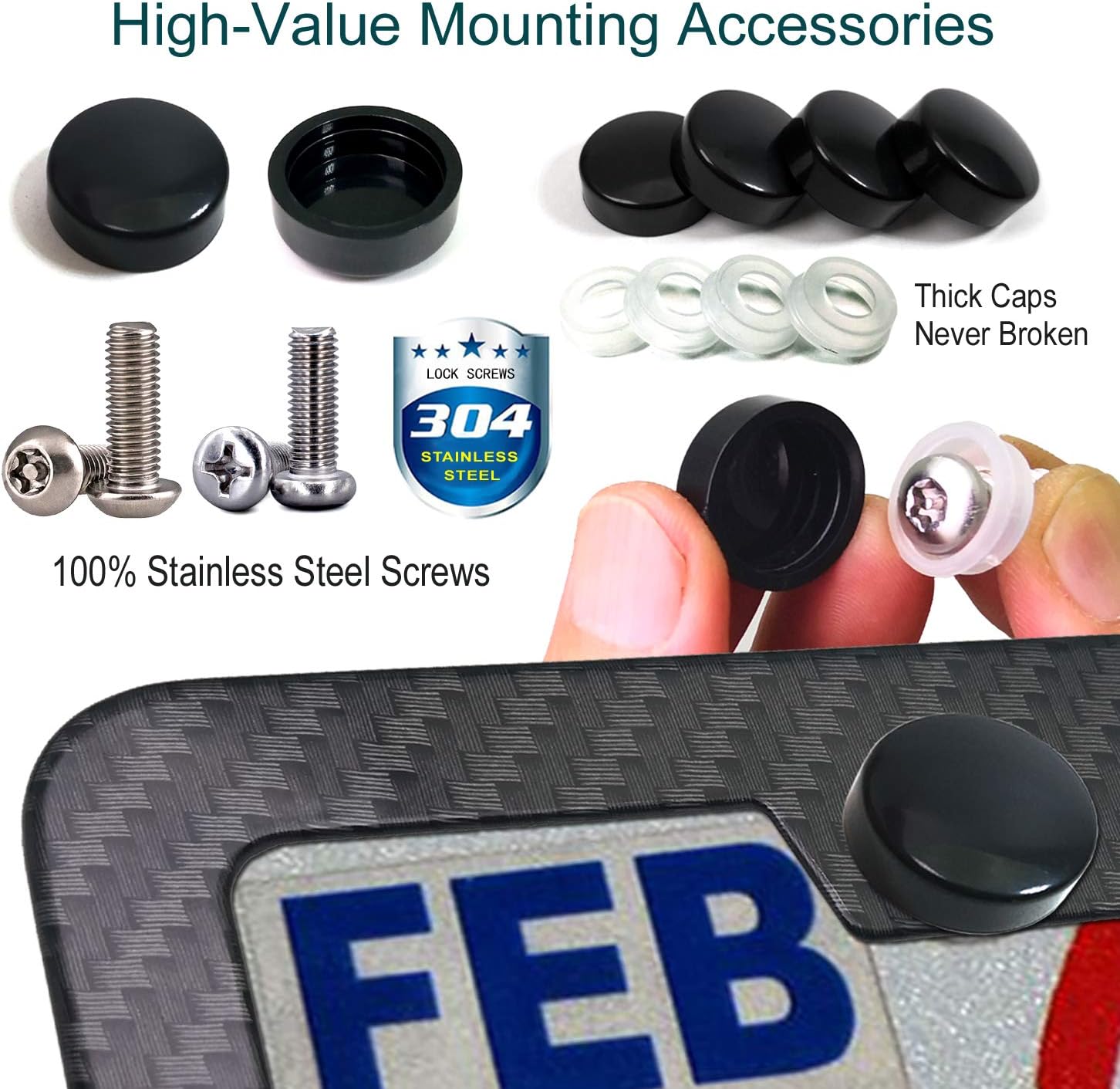 Aootf Carbon Fiber License Plate Frame- Anti Theft Car Tag Holder, 2 Pack Black Aluminum Bracket for Front Bumper and Rear, with Stainless Steel Mount Hardware Kit- Locking Security Screws Bolts, Caps