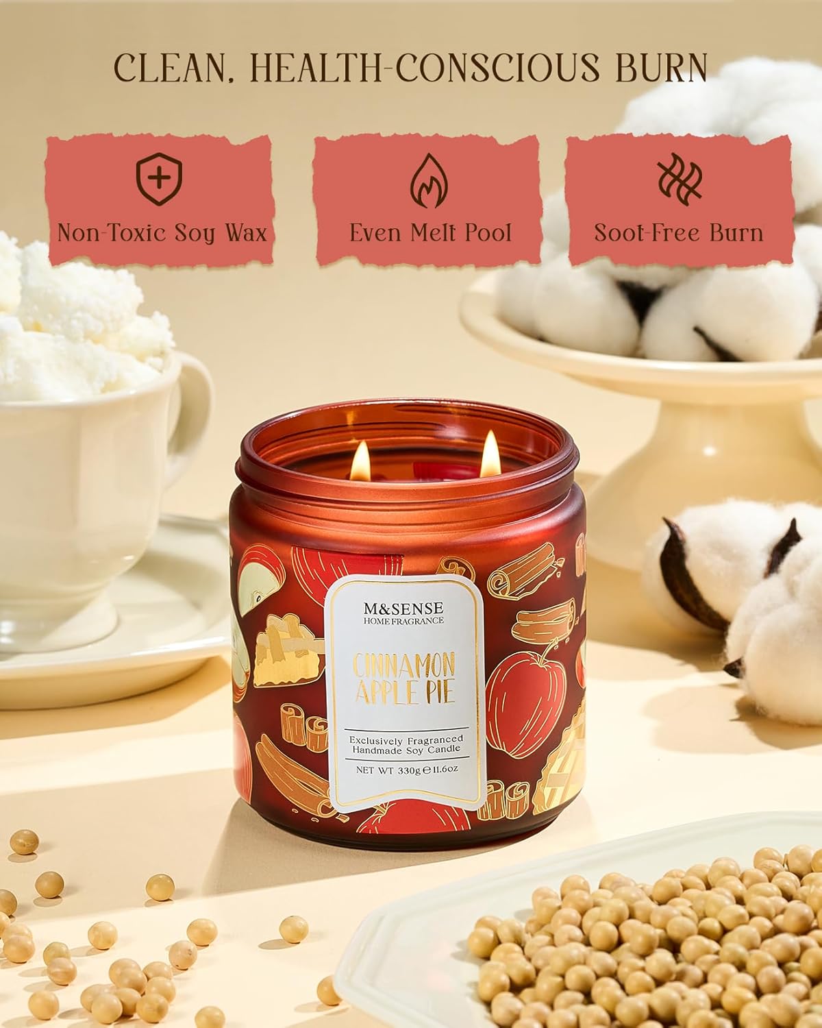 M&SENSE Christmas Candles Cinnamon Apple Scented, Soy Wax 11.6oz 70 Hours Long Lasting Burn, Holiday Candle for Kitchen Dining Room Fall Decor, Winter Relaxing Gifts for Women - Image 5
