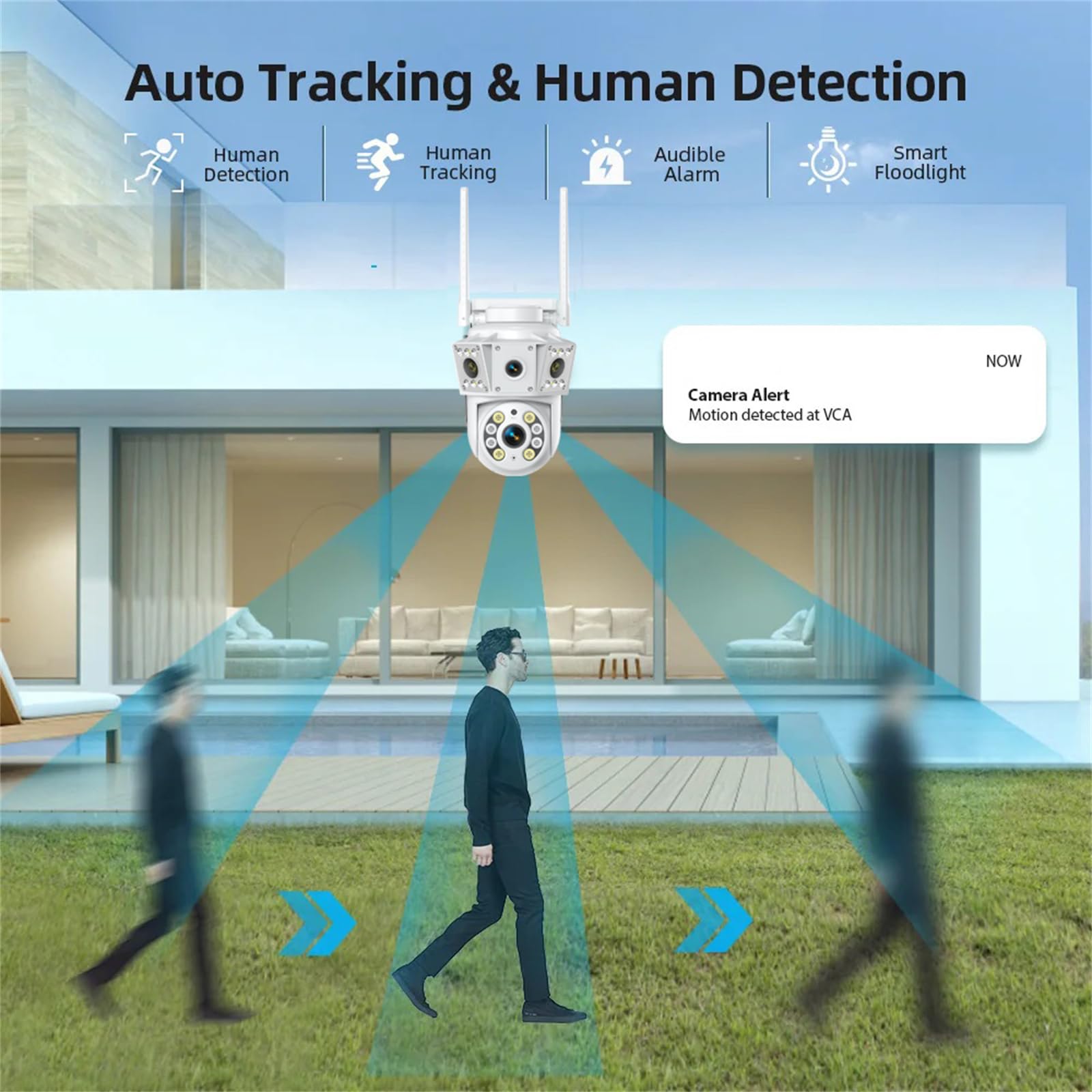 Telecamera di sicurezza 2K per esterni, fotocamera a doppia lente, telecamera CCTV a 360°, WiFi 2.4/5GHz, con registrazione 24/7, visione notturna a colori, rilevamento umano PIR, allarme