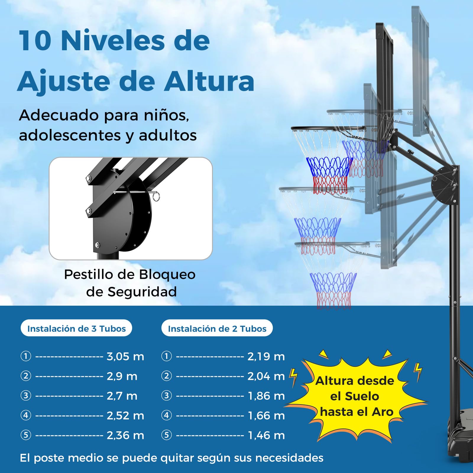 GOPLUS Canasta de Baloncesto Portátil con Altura Ajustable en 10 Niveles