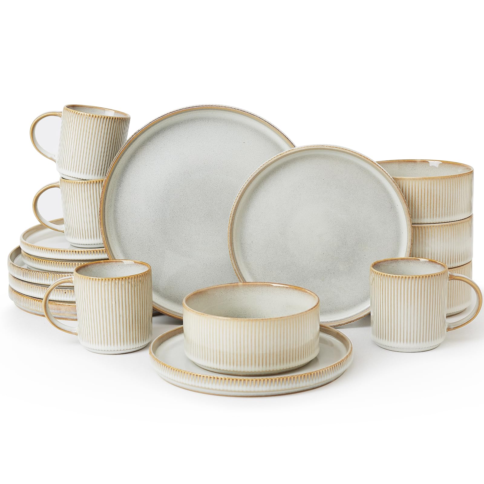 Famiware Star Dinnerware Set with Mugs, Service for 4 (16pcs), Ribbed Stoneware Plates and Bowls Dishes Sets - Chip & Scratch Resistant, Microwave &