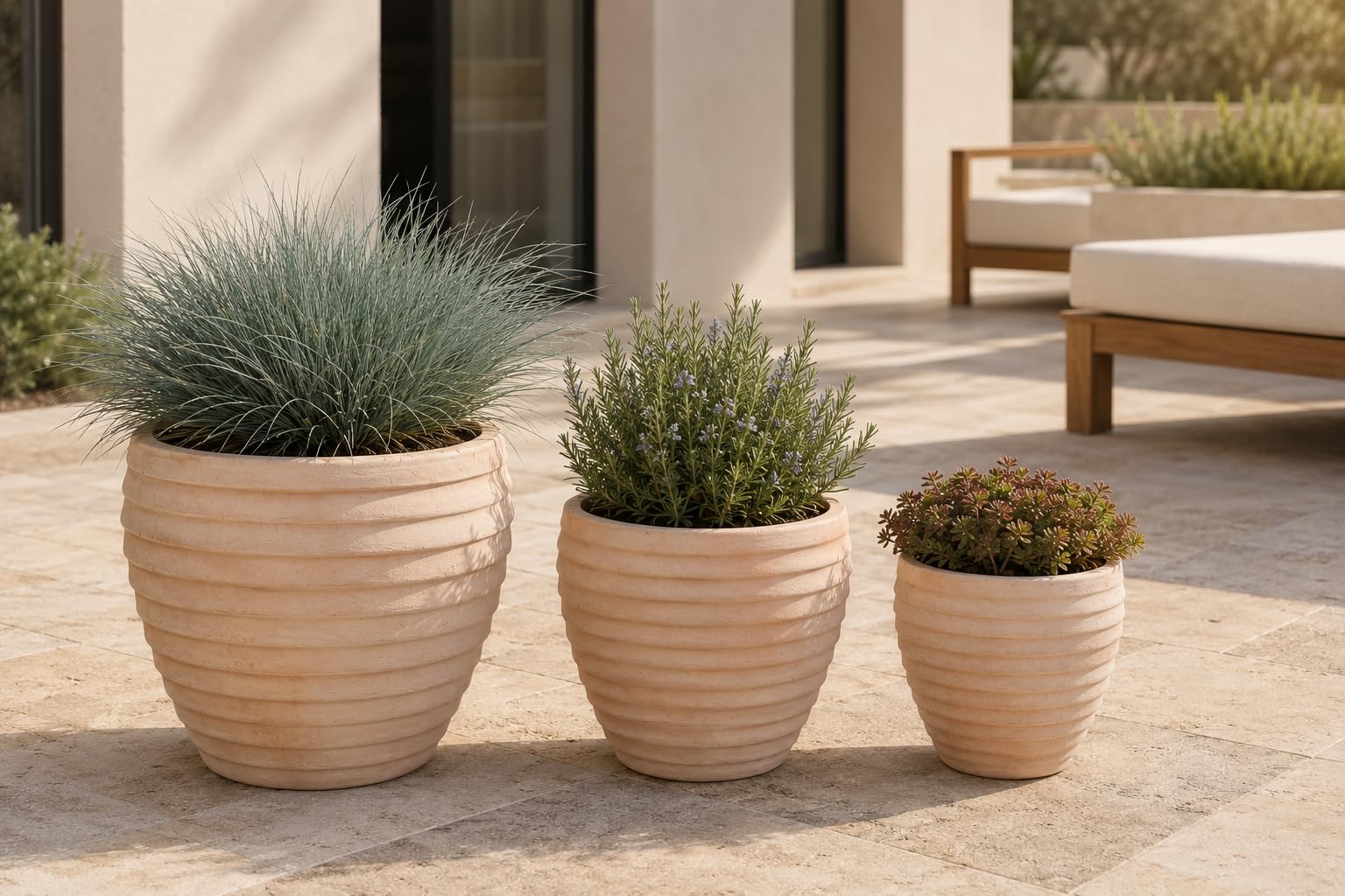 Terracotta Pflanzkübel Stripes Mediterran Blumentopf Garten Terasse Indoor & Outdoor Frostfest (3er Sparset)