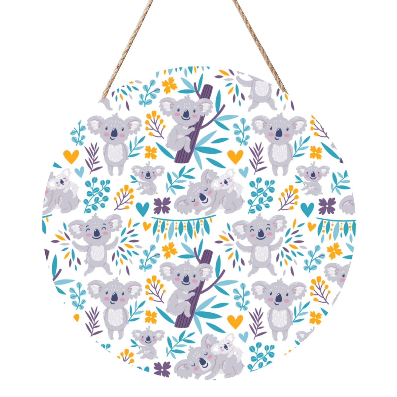 InOmak Cute Koala Bears And Floral, Round Wood Panel Painting 12 in, Wall Hanging Painting For Home
