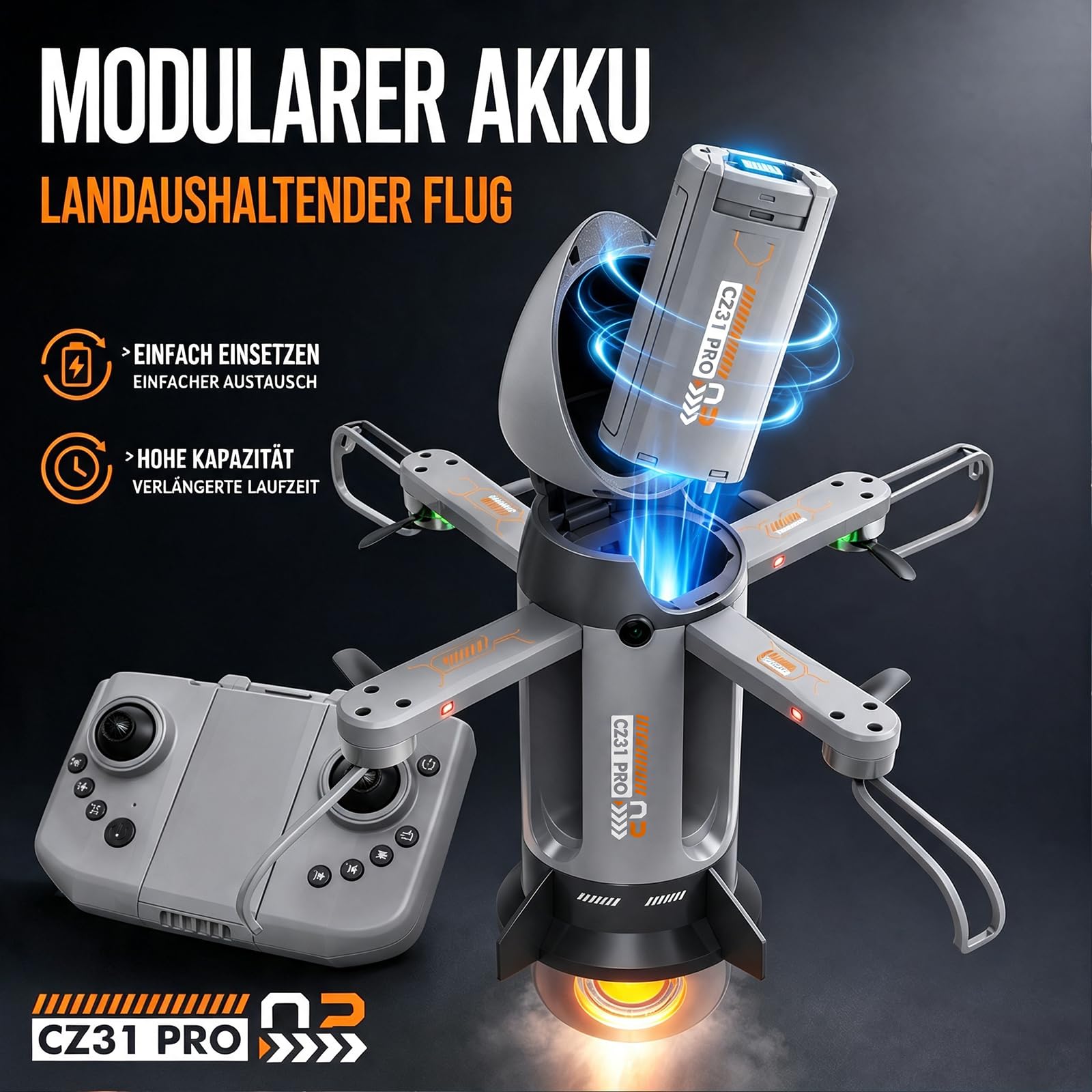 Bürstenlose Faltbare RC Drohne mit Raketen-Sprühfunktion, LED-Licht Kamera Drohne für Erwachsene Kinder, 4-Achsen-Flugzeug mit Höhenhaltung, Fernsteuerung Raumfahrt Flugzeug für Outdoor (Grau)