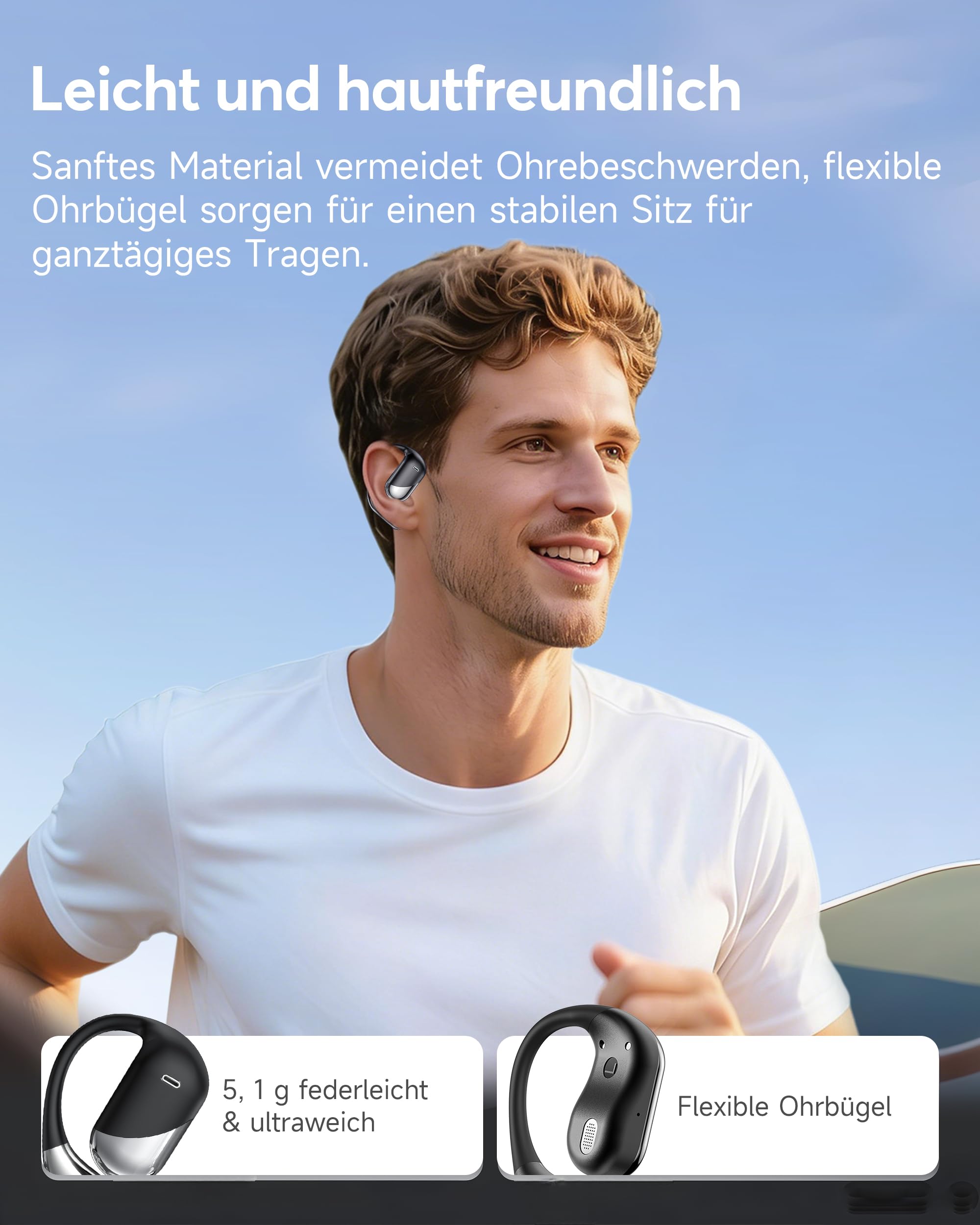 Offene Ohr Kabellose Ohrhörer, Sport Bluetooth Kopfhörer mit Echtzeitübersetzung, 80 Stunden Akkulaufzeit mit LED-Akkuanzeige, Geräuschunterdrückung, IP55 Wasserdicht für Training Laufen (Schwarz)
