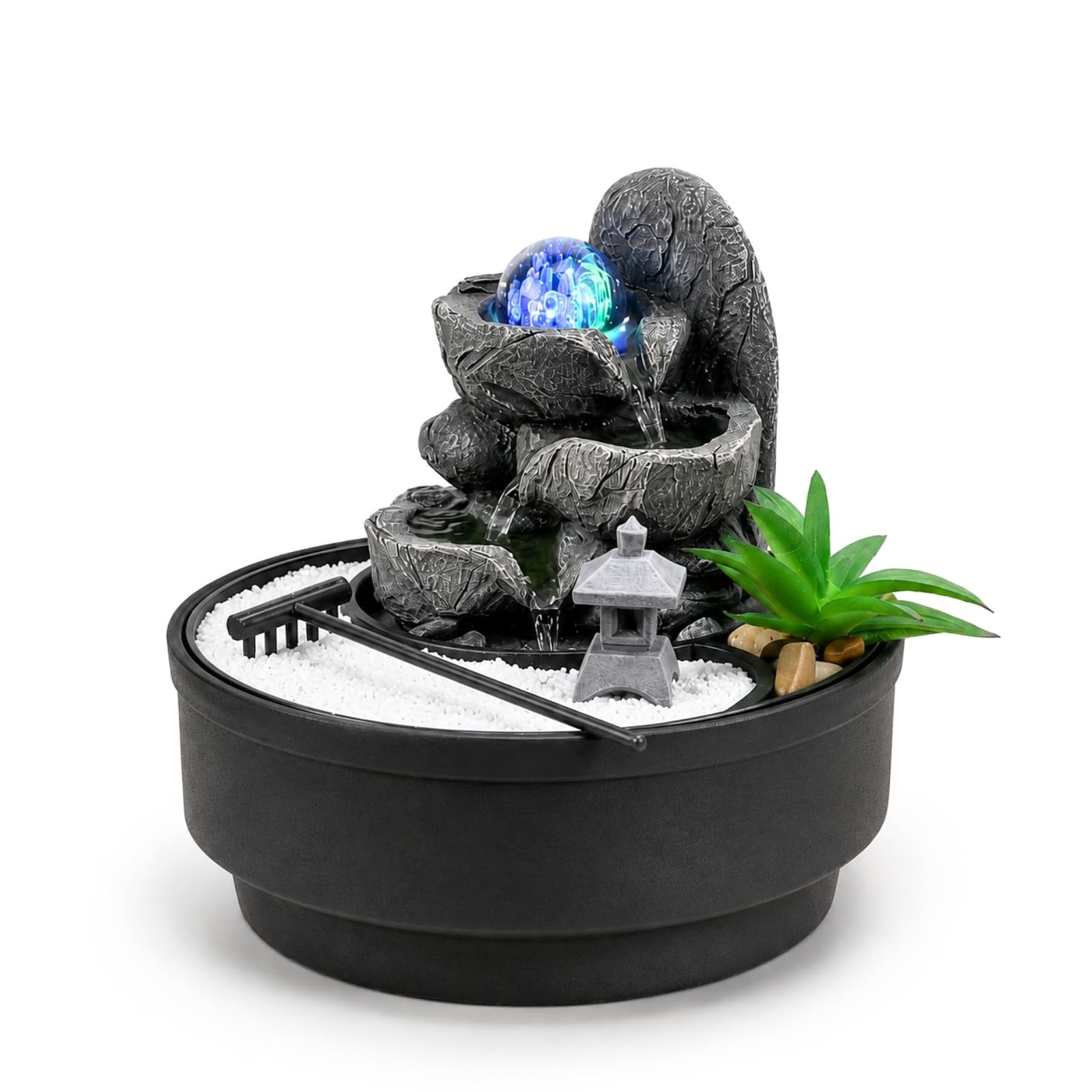 Fontaine d'Intérieur Jardin Zen, Boule de Verre Lumineuse en Rotation, LED Coloré, Décoration Ambiance Relaxant, Jardin Zen Sable Blanc, Fontaine de Table Circuit fermé, H21 cm - Bogota Zen’Light