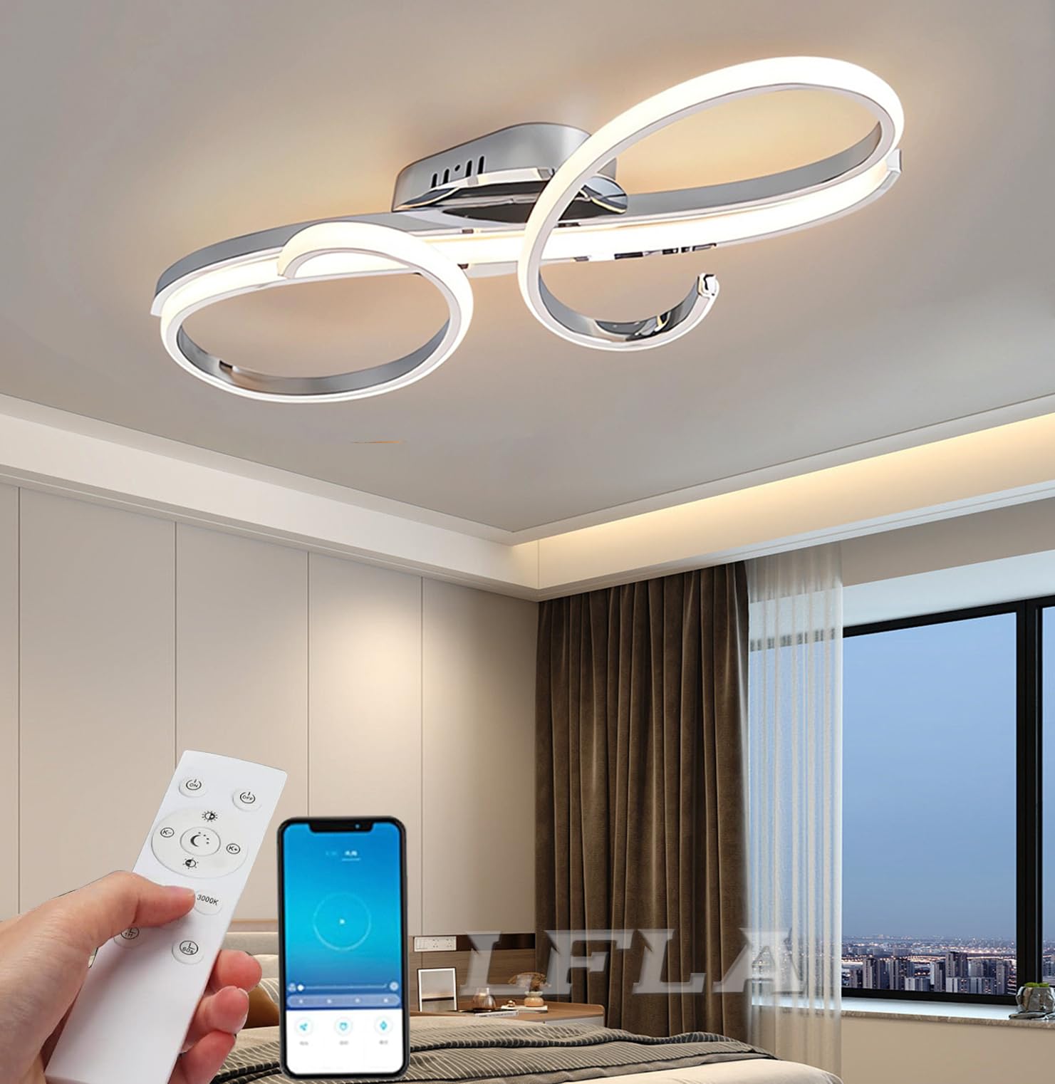 Dimmbar LED Deckenleuchte Moderne Wohnzimmerlampe mit Memory Funktion Deckenlampe Energiesparlampe Schlafzimmer Esszimmer Büro Beleuchtung mit Fernbedienung 3000-6000K (Chrom, L60cm-62W)