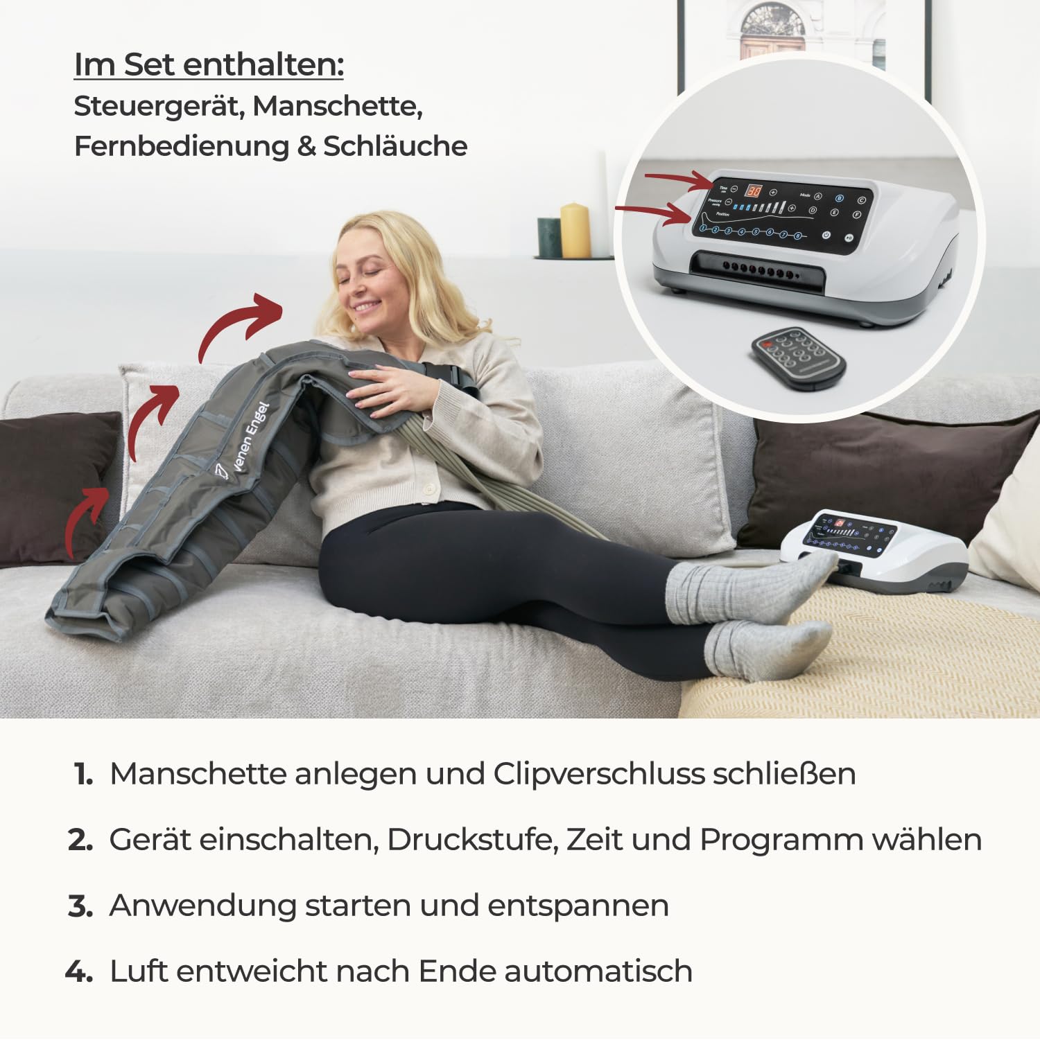 Venen Engel 8 Premium mit Lymph-Flow Arm für den rechten Arm - 8 Luftkammern 6 Massageprogramme fördert die Durchblutung Arme Massagegerät Druckwellen-Massage