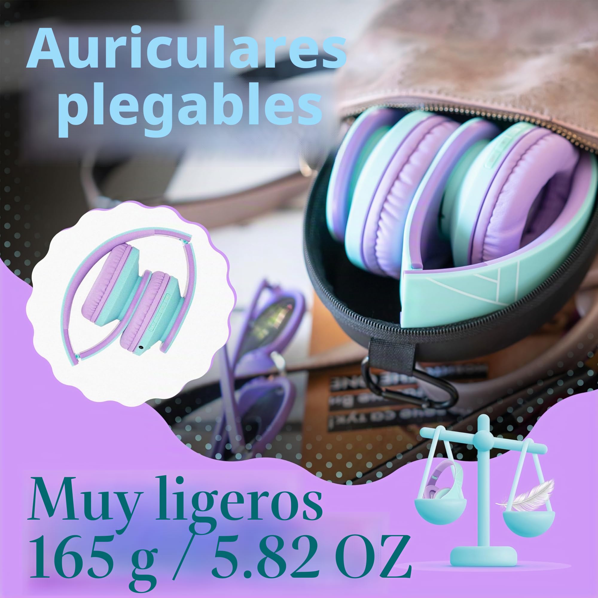 PowerLocus Auriculares para niños, Auriculares Bluetooth para niños, con 85DB Volumen Limitado, Plegable, con Micrófono, Micro SD Slot, Cascos Inalámbricos y con Cable, con Estuche