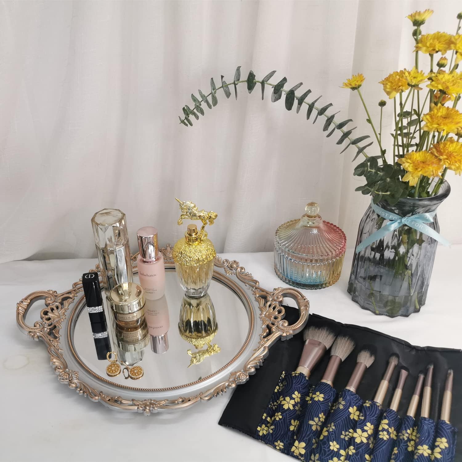 YANIZU Decorative Mirror Tray, Round with Handles, Organizer for Perfume, Makeup, Jewelry, Vintage Display and Serving Tray for Dresser, Counter and Coffee Table, 15.8' x 13', Golden Silver - Image 4