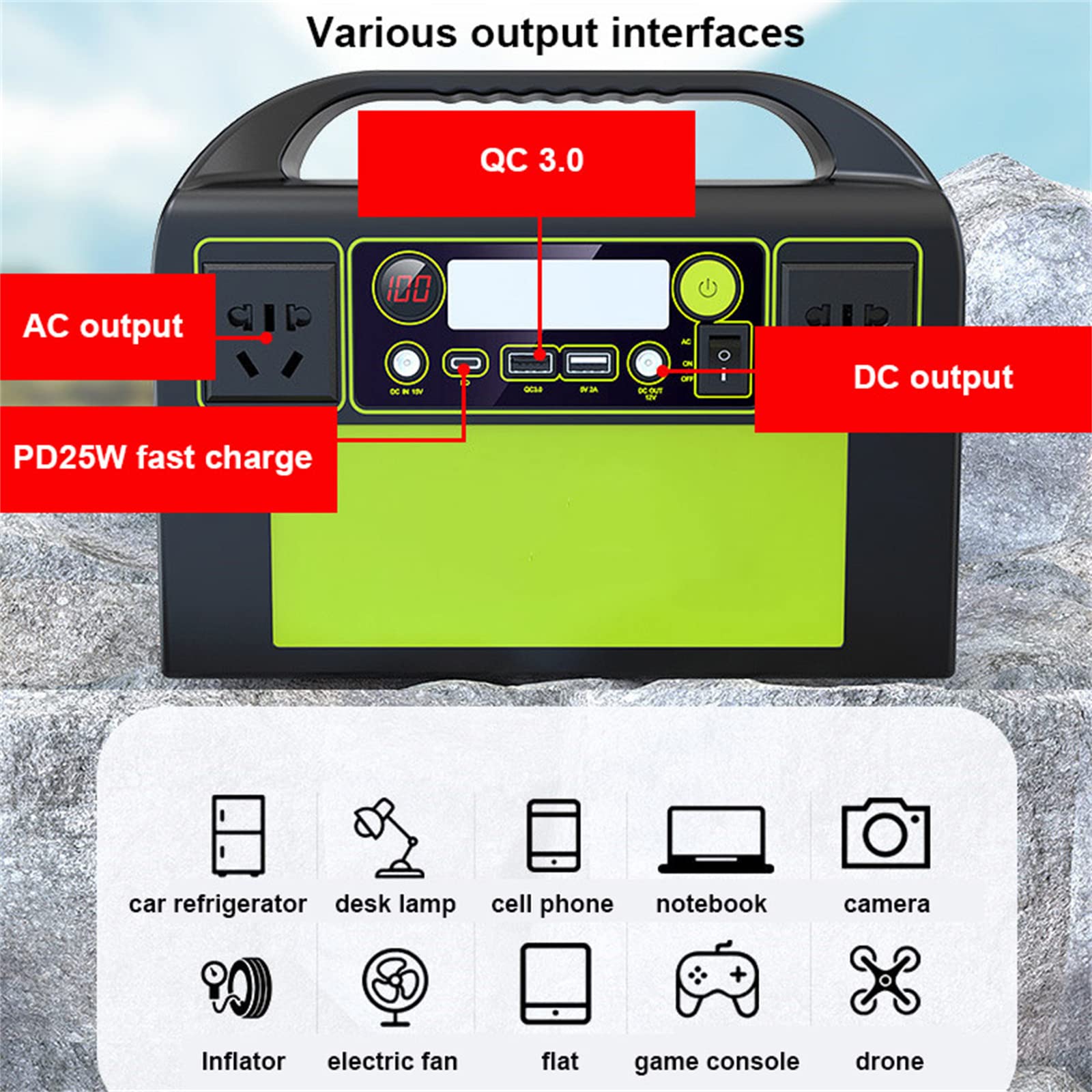 Generatore portatile con batteria da 333 Wh, stazione di alimentazione portatile, generatore esterno da 300 W a 6 porte con 2 prese CA, uscita USB-C PD da 25 W, luce LED, per campeggio, camper, inte
