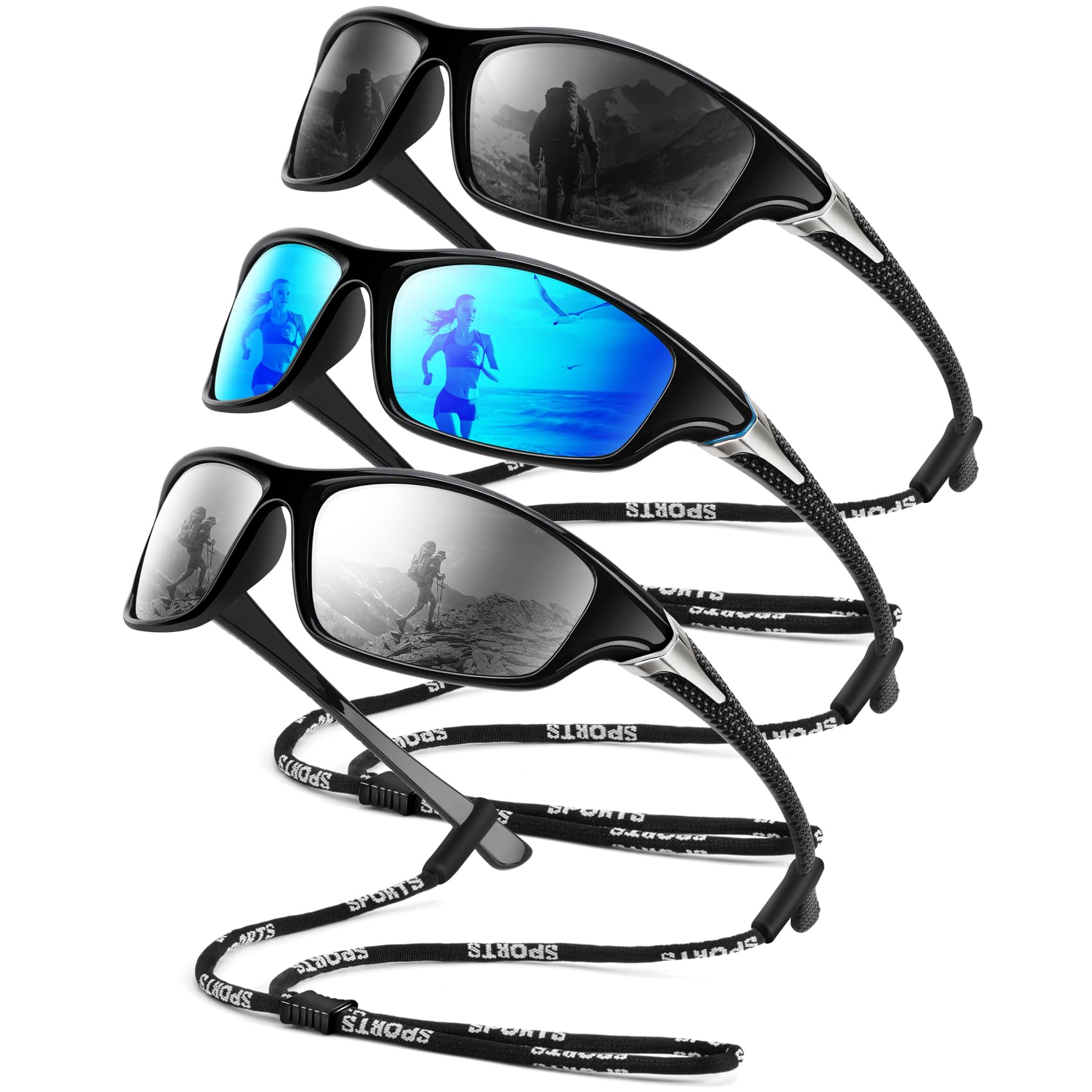 Occhiali da sole polarizzati da uomo, occhiali da sole sportivi da uomo, occhiali da sole polarizzati per corsa, guida, pesca, 3 confezioni