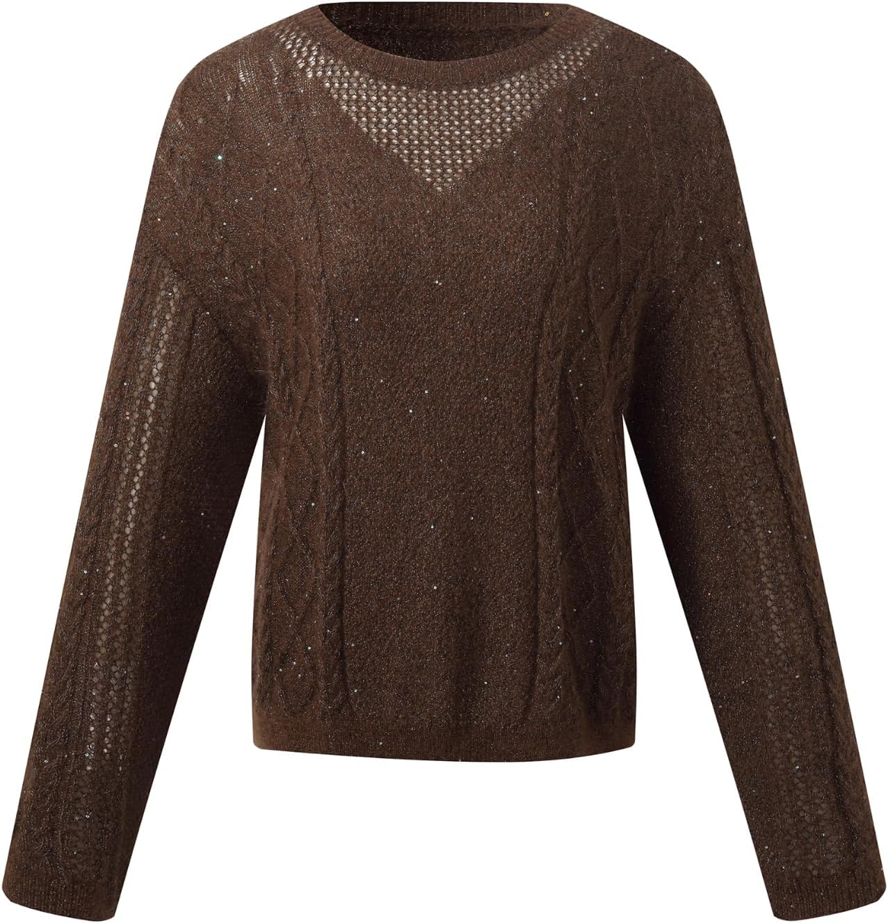 GOELIA Women's Sweaters Mohair Wool Cozy Sweater Brown Round Neck Metallic Sequin Fall Pullover Sweater Winter Trendy Outfits