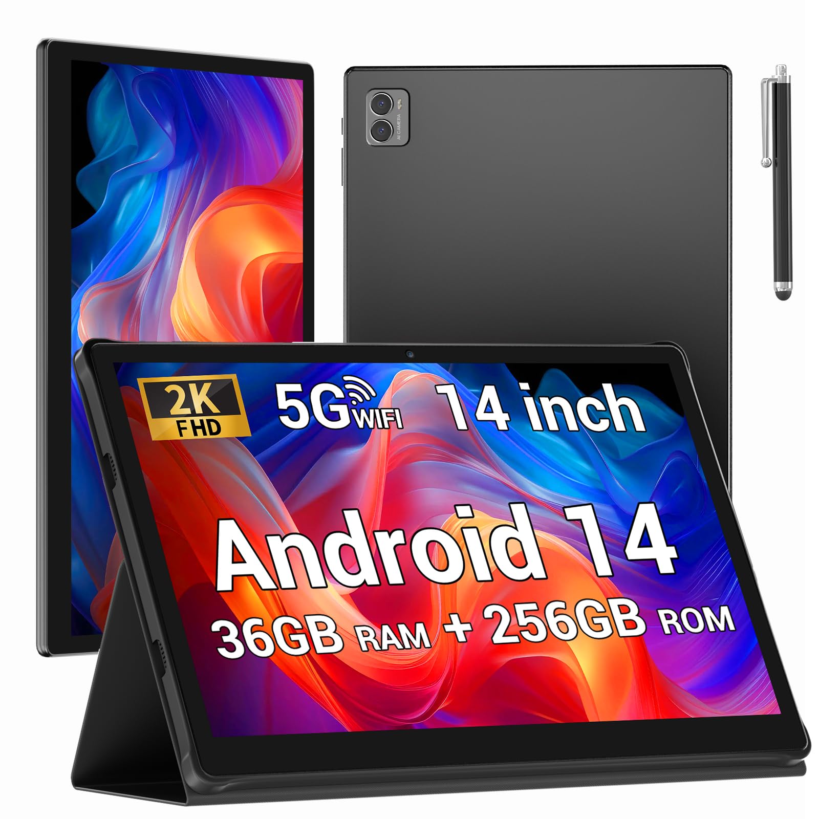 BEYNIVAN Tablet 14 Pollici 5G WiFi,Android 14 Tablet 36GB RAM+256GB ROM,20W/11580mAh,2000 * 1200 incell FHD+,13MP+8MP,Face ID/GPS/BT 5.0/TÜV/USB-C,Nero