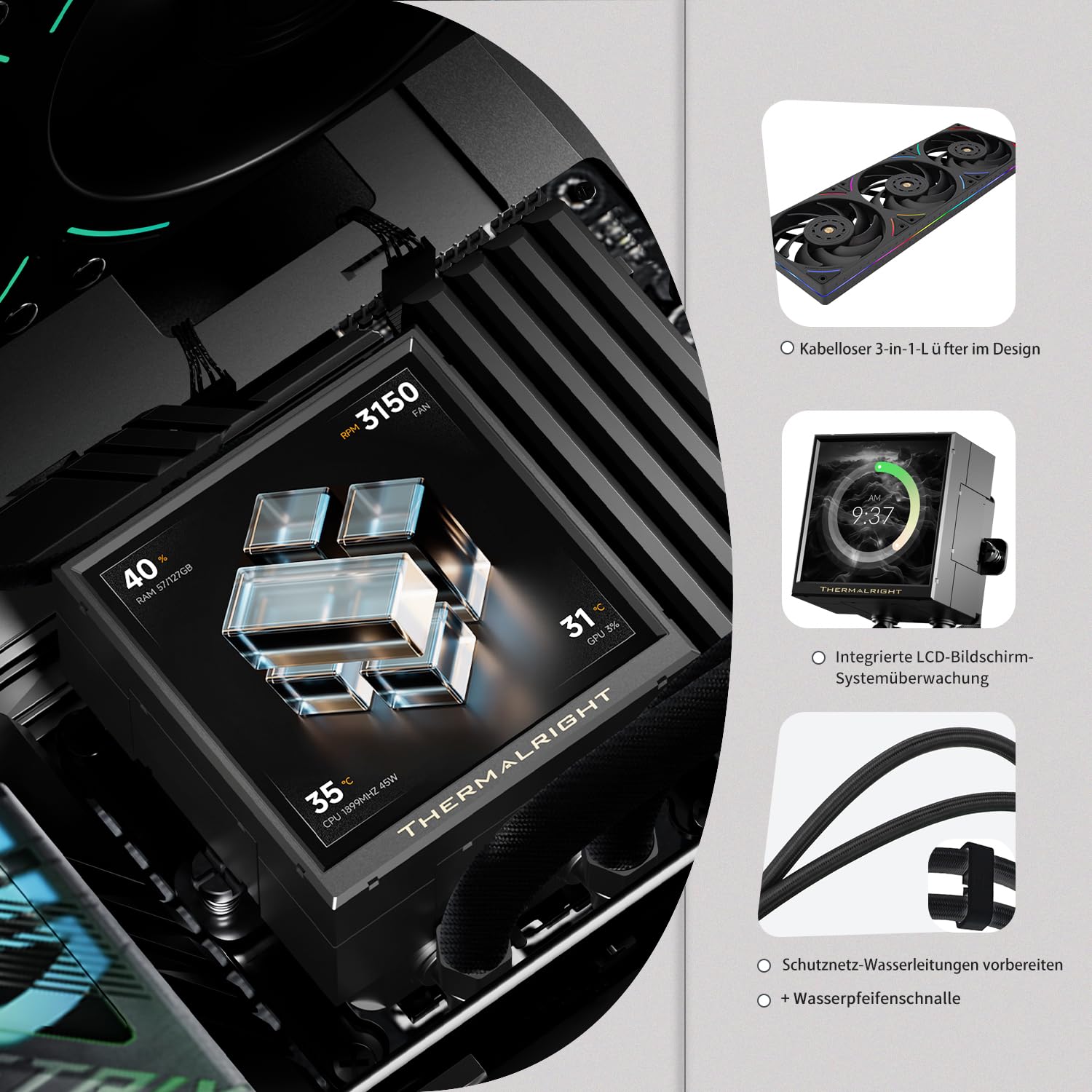 TR Thermalright Peerless Vision 360 UB ARGB Enfriador de procesador líquido blanco, pantalla LCD IPS de 3,95 pulgadas con resolución 480x480-Magnética, 360 mm Aio,para AM4/AM5, LGA1851/1700/115x