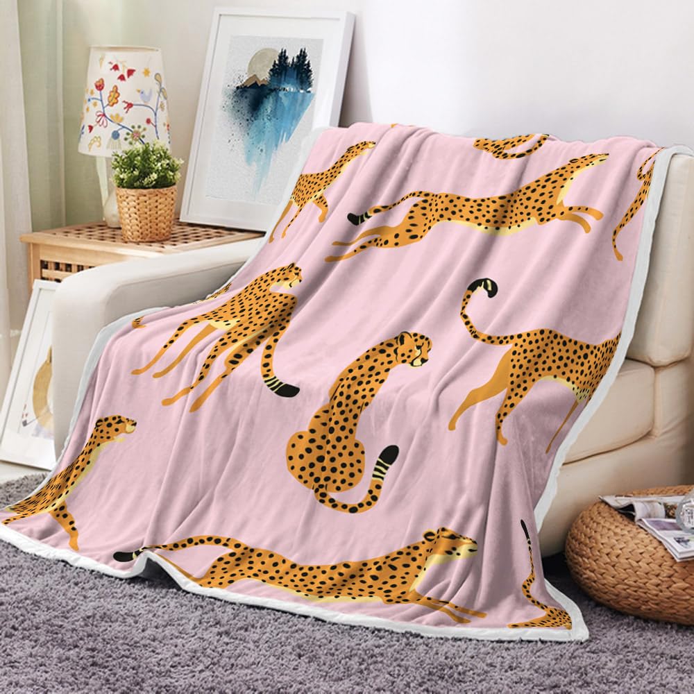 Uokiuki Pink Leopard Throw Blankets, Pink Tropical Animal Cheetah Cozy Warm Bed Couch Blanket,White Fleece Flannel Throws to Decorate The Room Bedroom