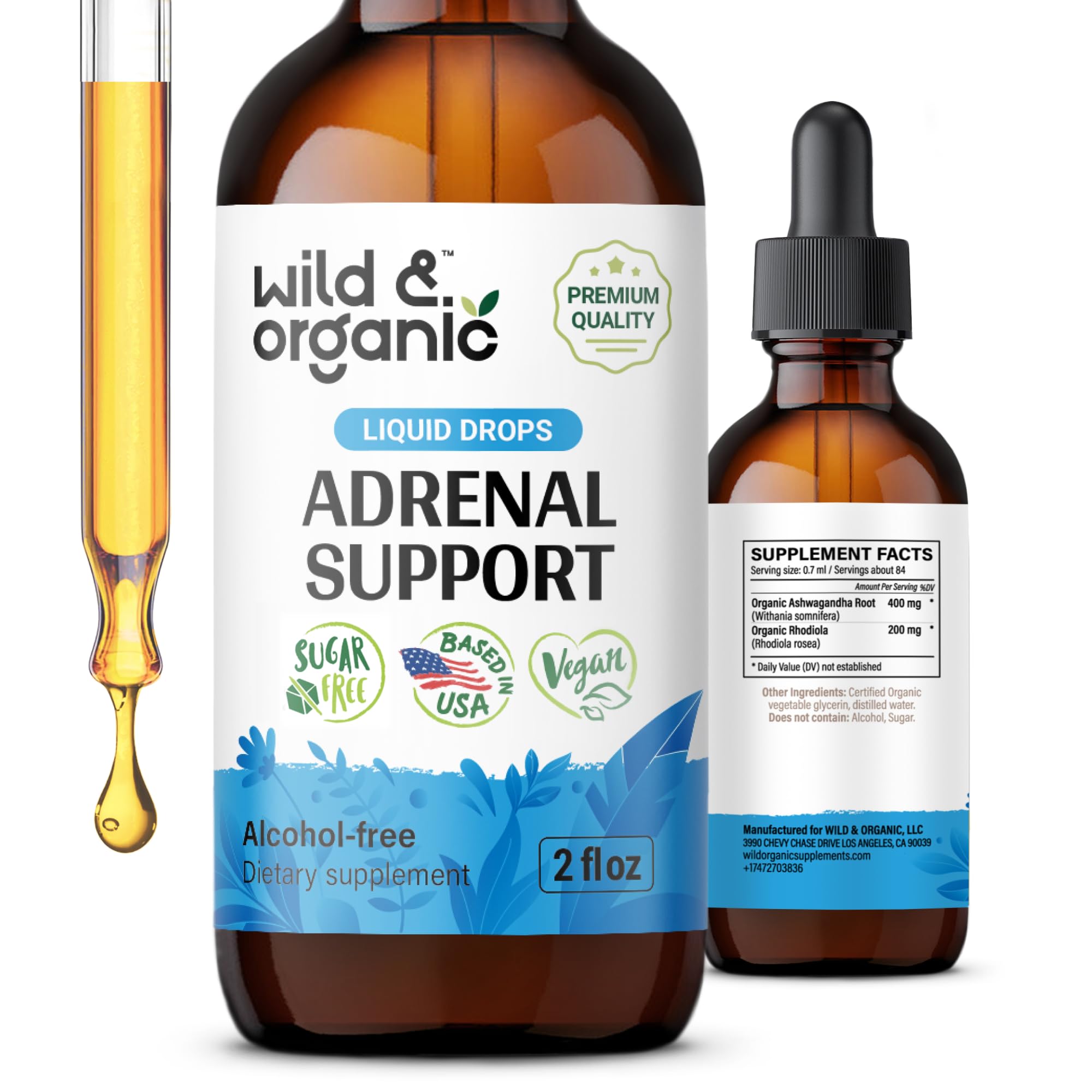 Wild & Organic Adrenal Support Tincture for Positive Outlook - Adrenal Complex with Ashwagandha, Rhodiola Rosea Root - 1-Month Supply - Vegan, No Sugar & Alcohol - 2 fl oz