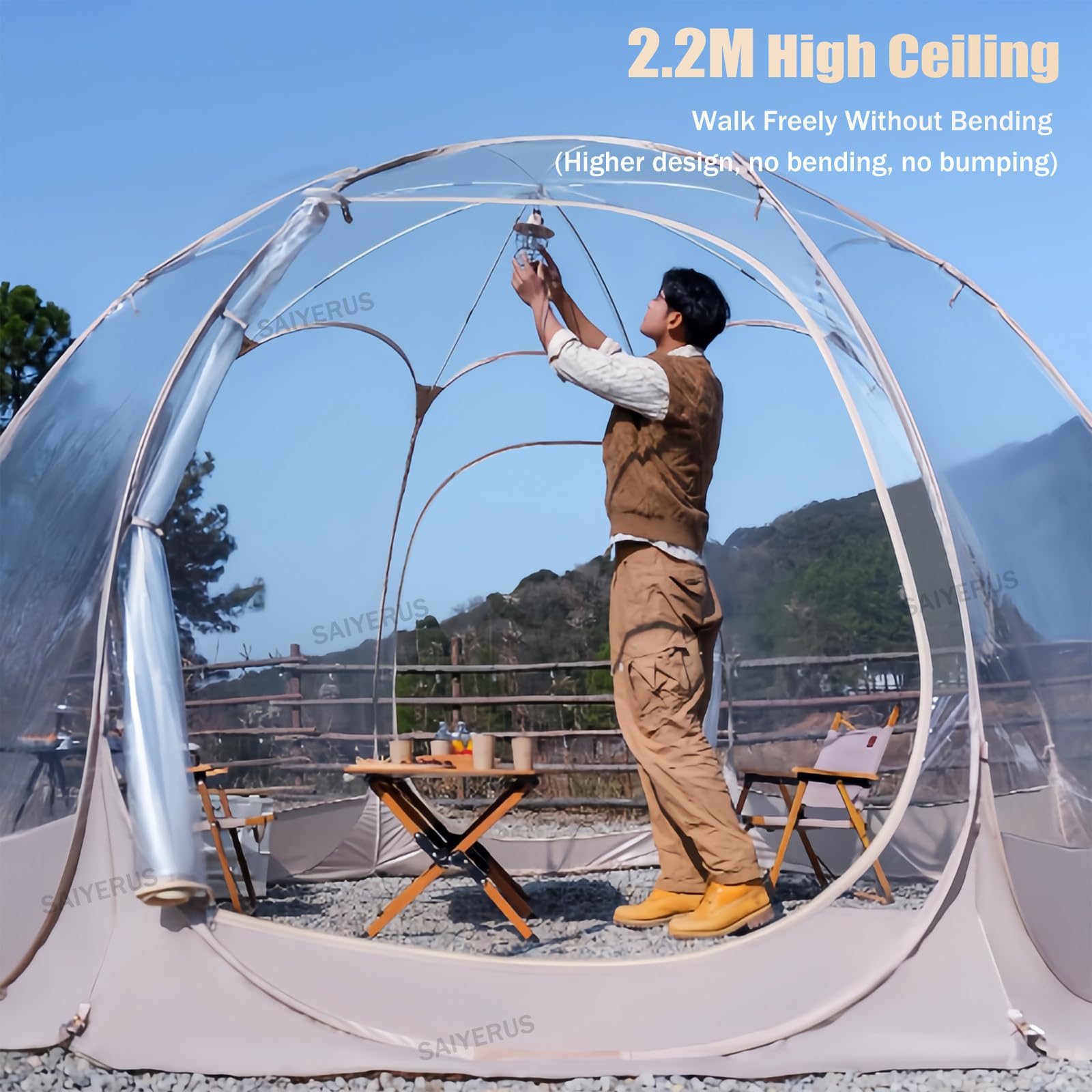 Regen- und Sonnenschutz-Pop-Up für 8–10 Personen, Outdoor-Sport-Bubble-Sofort-Clear-Zelt mit tragbarem Rucksack, winddichtem Seil, Bodennägeln, LED-Lichterketten für Events, Angeln und Jubeln