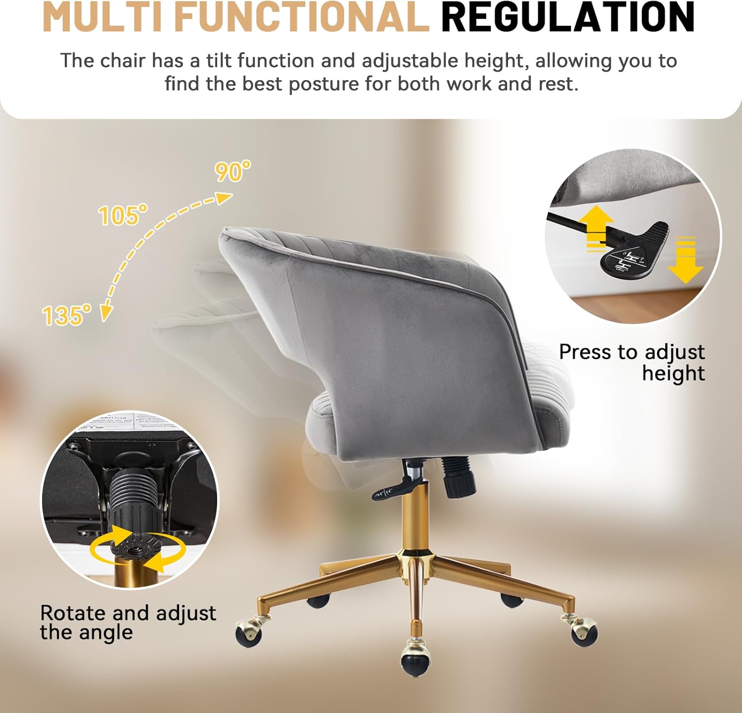 Vanity Chair with Back 360 Swivel Armchair and Gold Base, Criss Cross Chair with Wheels for Vanity Home Office, Living Room, Bedroom and Study (Grey)