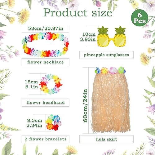 Vista 2 de Juego de 6 faldas hawaianas de hierba hula hawaiana, faldas hula elásticas, pulseras Leis de flores, diadema, lentes de sol de piña