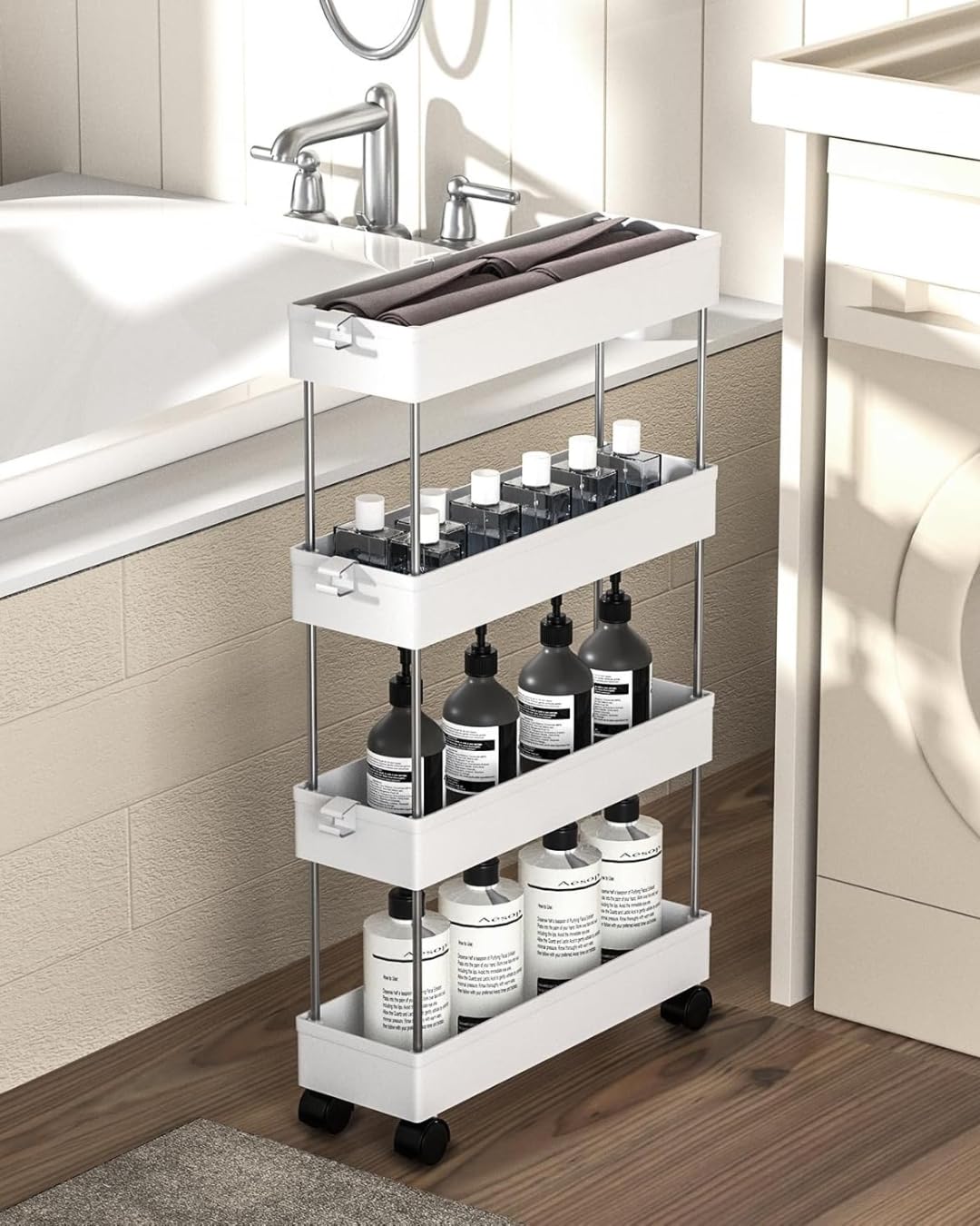 A.M.C. Carro portaobjetos con estantes, carro de cocina ahorra espacio con ruedas, carro deslizante, estantería alta y estrecha para cocina, baño, lavandería, dormitorio, espacios estrechos (40 x 13 x